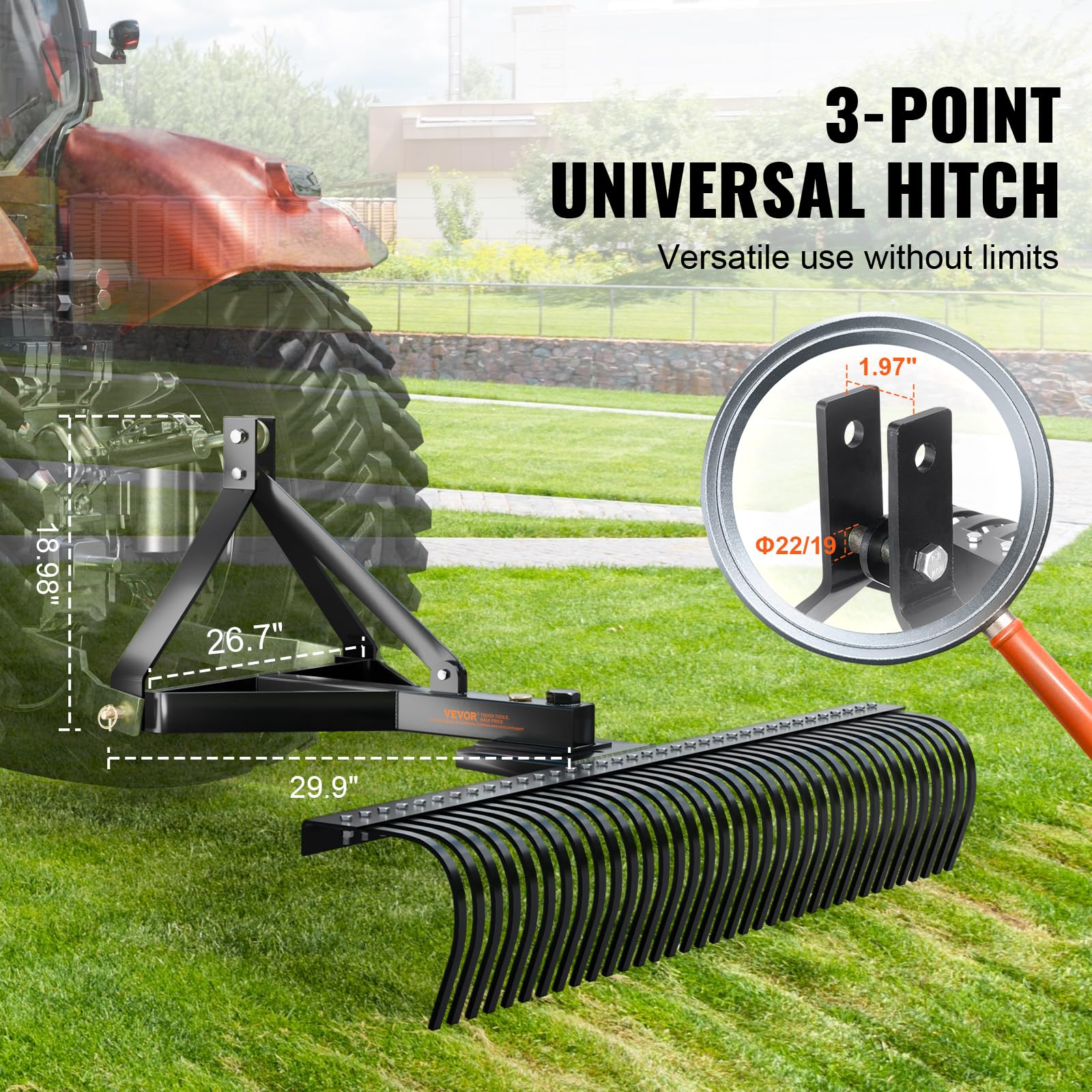 VEVOR Remolque detrás de la Escarificadora, 759,5 x 678,2 x 482,1 mm con 36 Púas de Acero, Rastrillo de Césped de 3 Puntos con Accesorios para Tractor, Rastrillo de Paisaje para Jardín, Granja, Césped