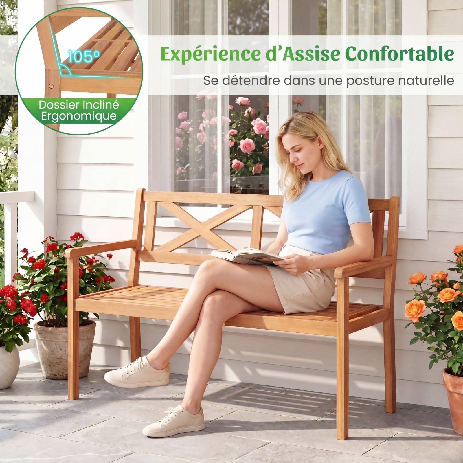 COSTWAY Banc de Jardin en Bois d'Acacia, Banc Exterieur Jardin 2 Places, Dossier Incliné à Motif Géométrique, Charge 360 KG, Accoudoirs, Banquette pour Terrasse Parc Patio Balcon, 119 x 56 x 80 cm