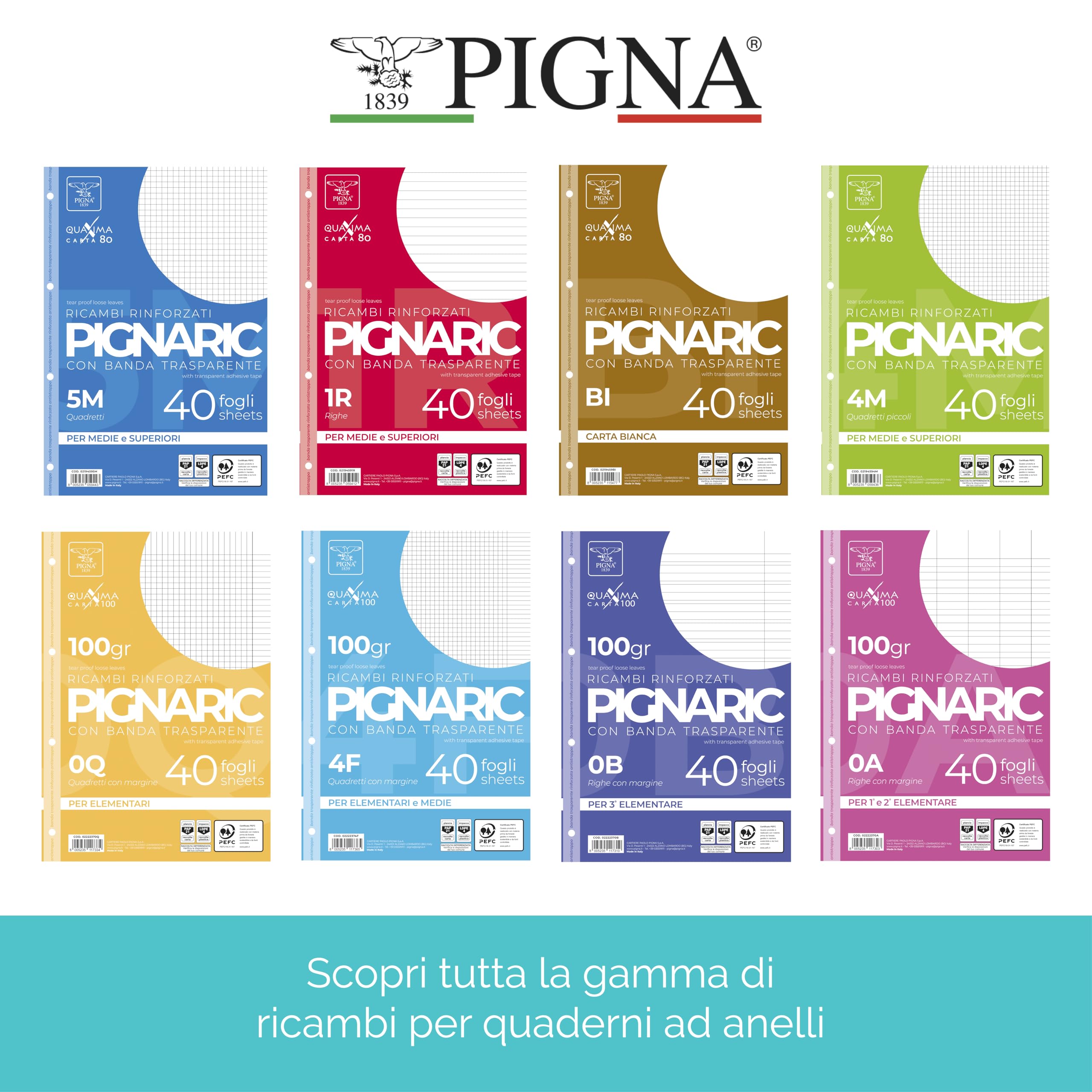 Pigna Confezione 40 fogli A4 ricambi quaderno anelli 4 fori rinforzati 1R righe