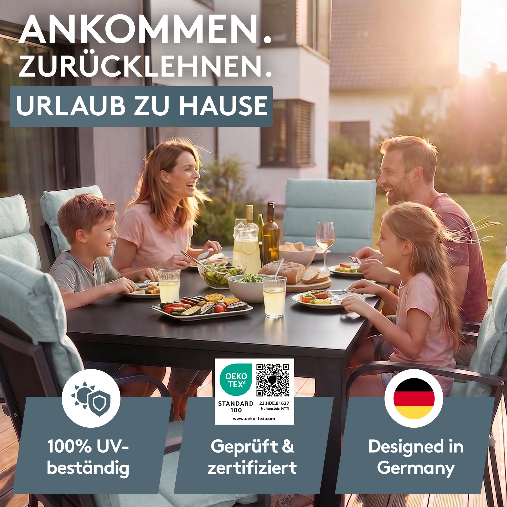 LILENO HOME Gartenstuhl Auflagen als [2er Set - Hochlehner] in Petrol - Bequeme Liegen als Sitzauflagen für Gartenmöbel - Stuhlkissen für Gartenstühle und Klappstühle