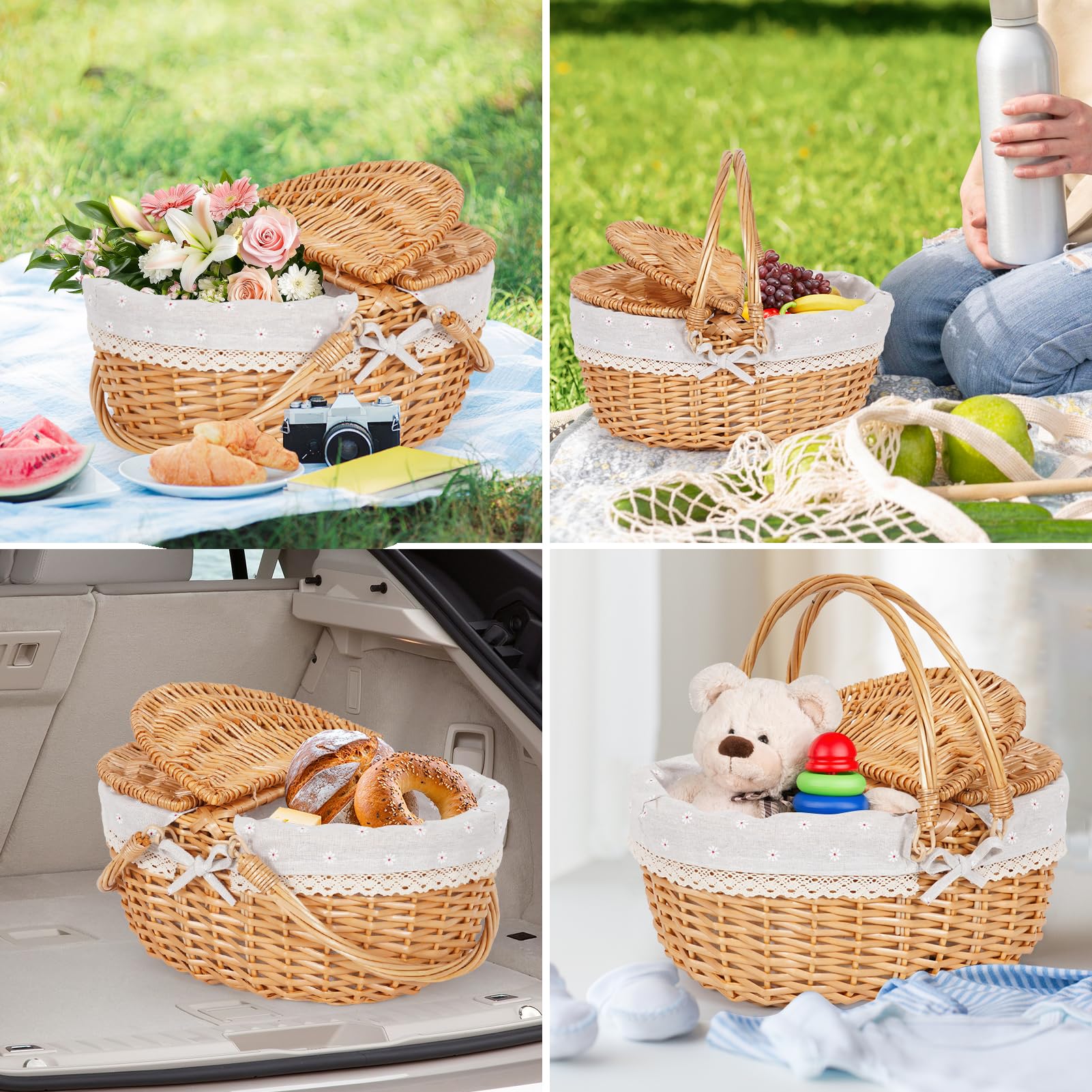 Panier de pique-nique en osier avec poignée, 38 cm, grand panier vide avec couvercle et doublure amovible, panier vintage tressé à la main pour pique-nique, camping, cueillette de légumes