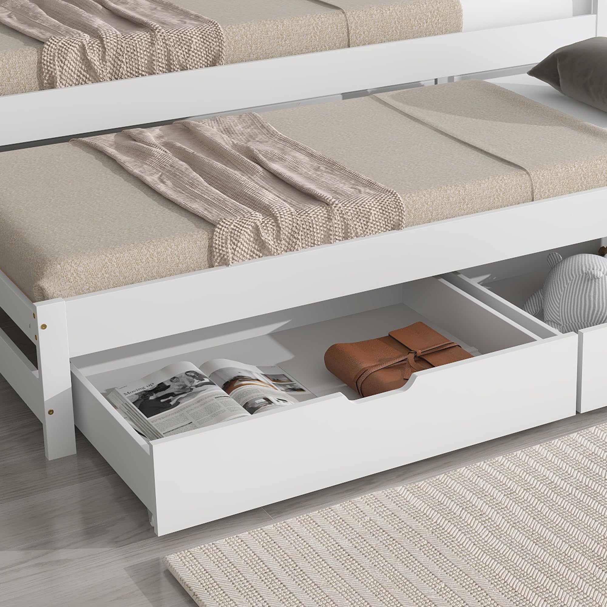 Moimhear Letto singolo e matrimoniale, letto scorrevole con ruote in basso, con 2 cassetti in MDF, struttura in legno massello, bianco (90x200cm/90x190cm)