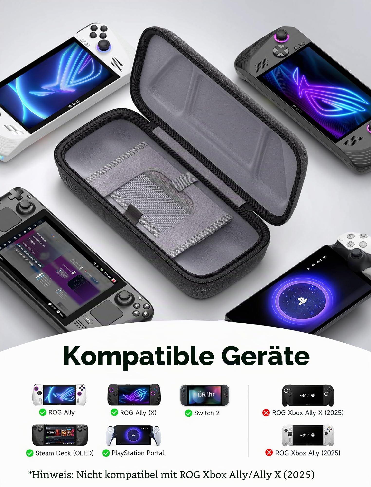 JSAUX Tasche Kompatibel mit Steam Deck & ROG Ally X, Schützende Harte Tragetasche Hülle Case Eingebaute Netzteil Ladegerät Speicher, Tragbare Reise Tragetasche für Steam Deck OLED/ROG Ally