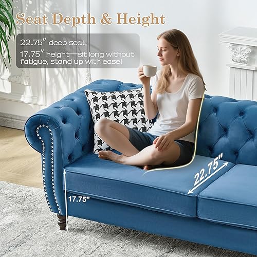 Miniatura 6 de Juego de 2 sofás de terciopelo negro moderno de mediados de siglo, sofá y sofá biplaza con botones copetudos, muebles para la sala, cómodo sofá