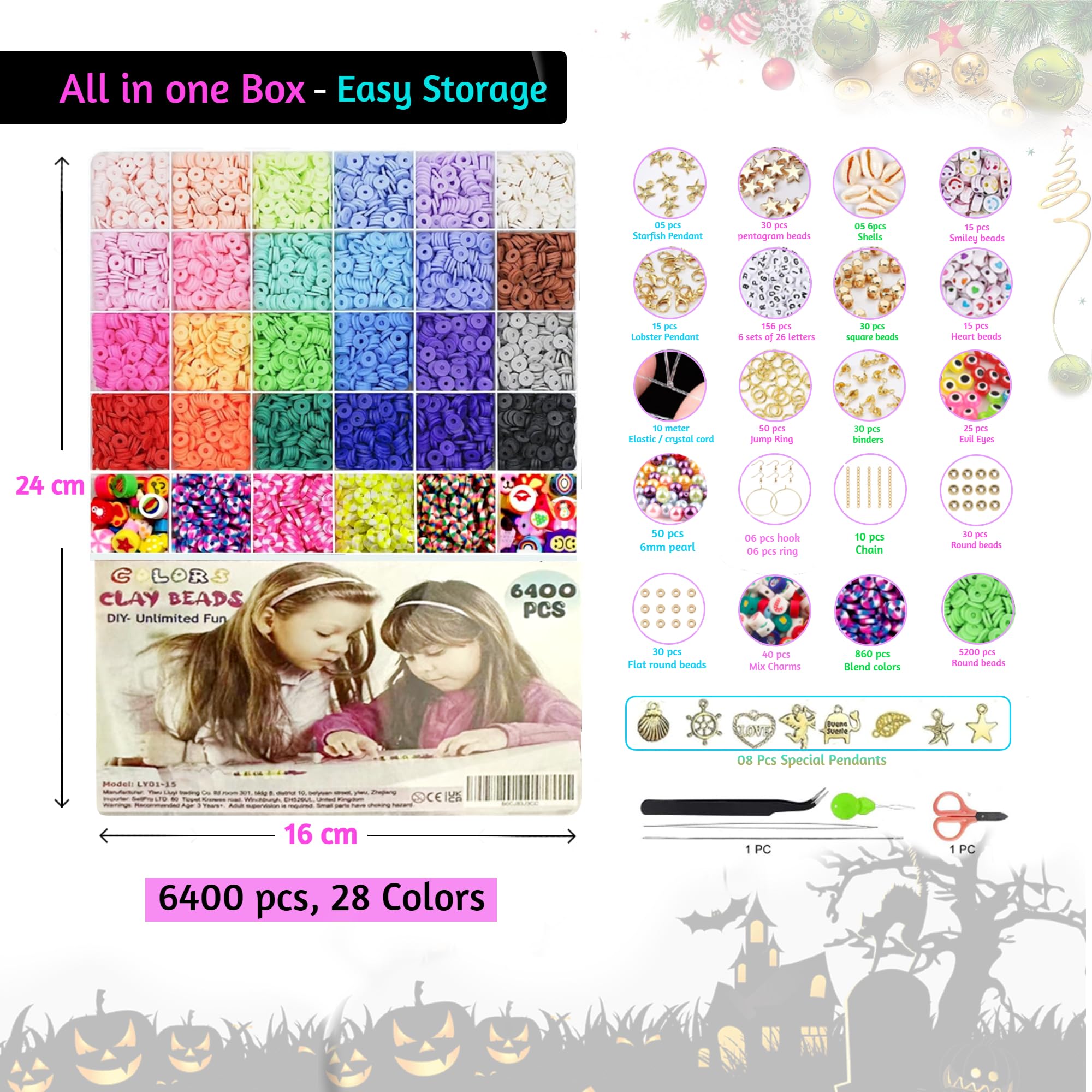 COLORS Clay Beads Bracelet Making kit | 6400 Pcs -28 Jewellery Art Set, 6mm Flat Round Polymer heishi Bead & Charms | Best Gift for Girls | DIY Unlimited Fun! (Standard Collection)
