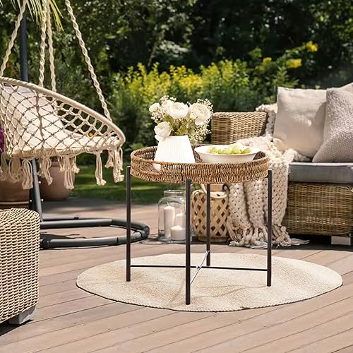 Miniatura 2 de JYXIN Mesa auxiliar de ratán, mesa auxiliar de ratán, mesas auxiliares tejidas para sala de estar, mesa auxiliar redonda tejida de ratán, mesa