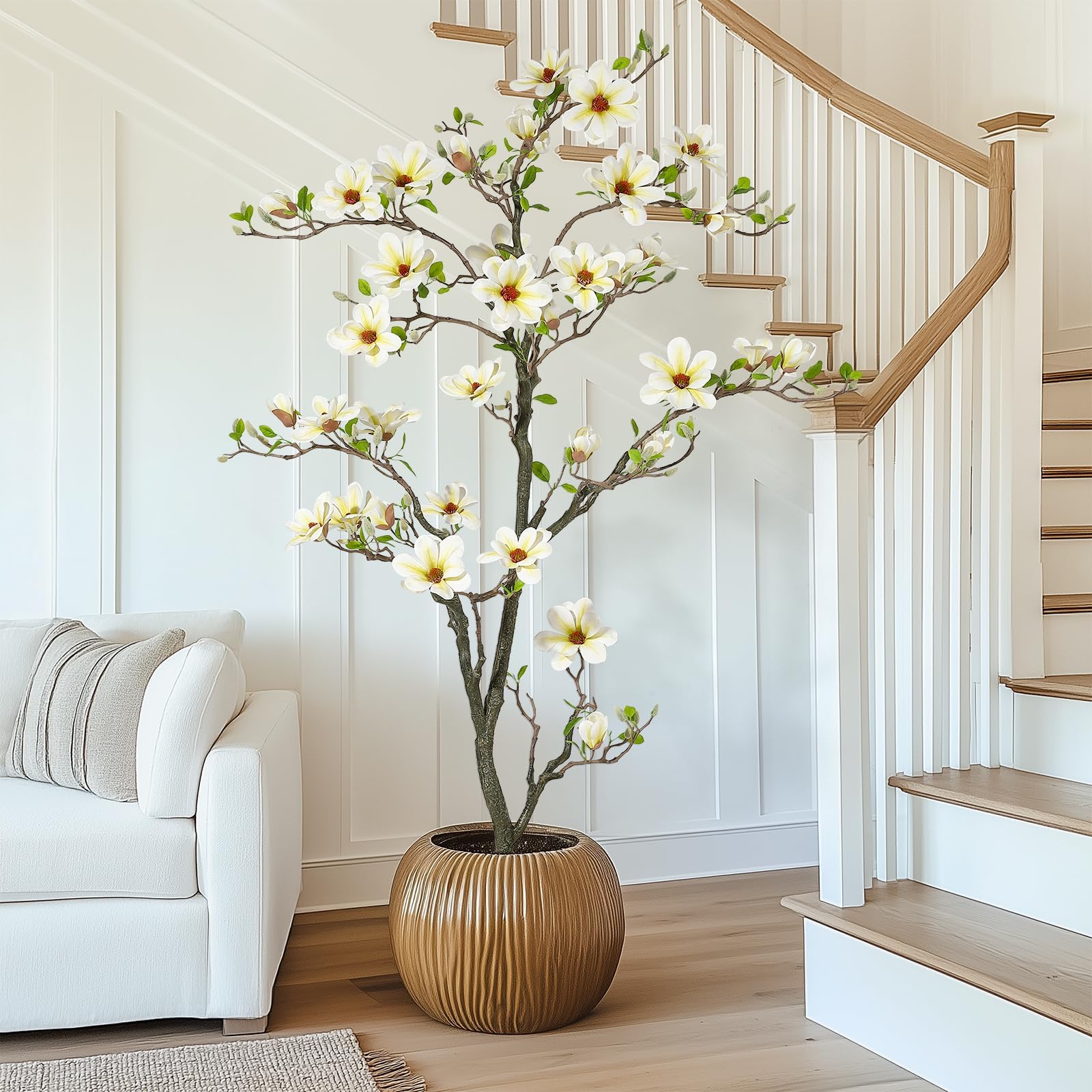 Garvee Künstliche Magnolia Pflanzen,180 cm Kunstpflanzen mit Weiß Topf Für Indoor, Patio Home Office Blumen Dekor, Groß Künstliche Baum Kunstbaum (Weiß Magnolia 6 ft/180cm)