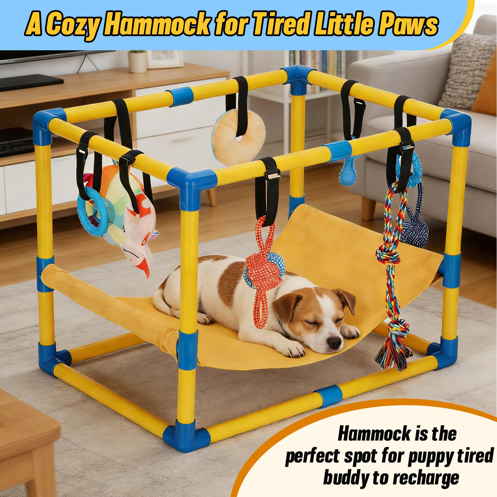 Gymnase de Jeu pour Chiot avec 8 Jouets Suspendus, Salle de Sport d'intérieur avec hamac et Jouets d'enrichissement Amusants, Cadre en PVC, Centre d'activités pour Chiots