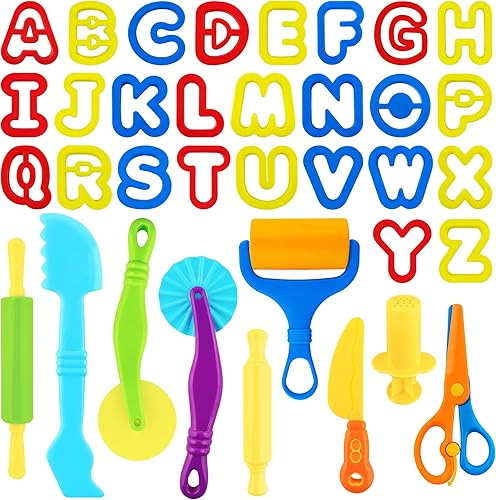 35 herramientas de masa para niños, accesorios de arcilla con rodillos, cortadores de cartas, rodillo, tijeras de seguridad, cuchillo de plástico