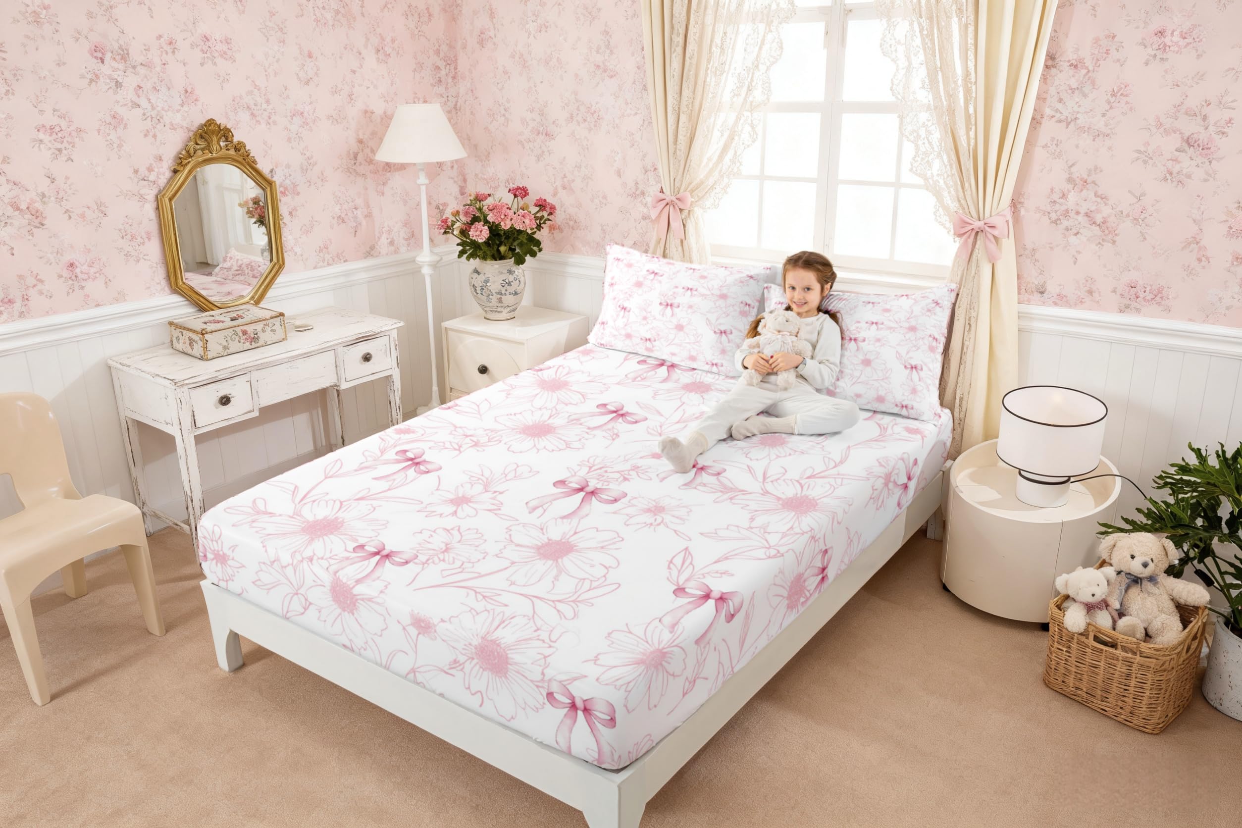Drap-housse nœud rose doux pour lit de princesse rêveuse avec sa taie