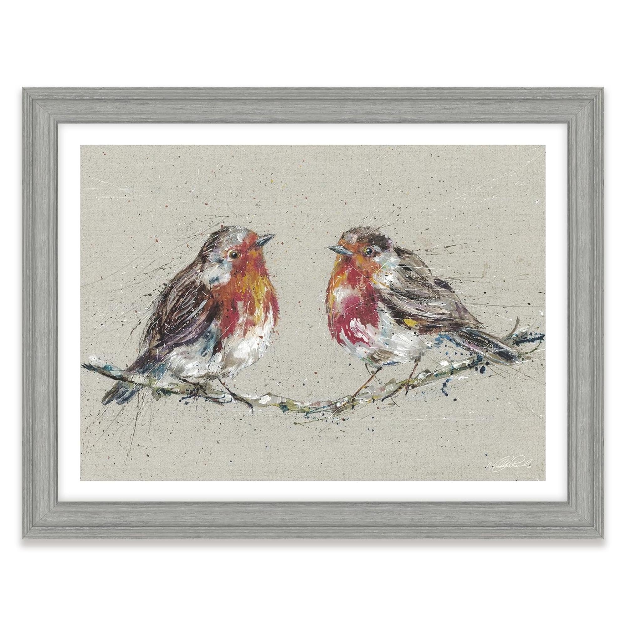 Artko Redbreast Robins Framed Print Wall Art- 'Morning Gossip' by Nicola Jane Rowles - Contemporary Wildlife Picture - Ready to Hang Home Décor - 45cm x 35cm