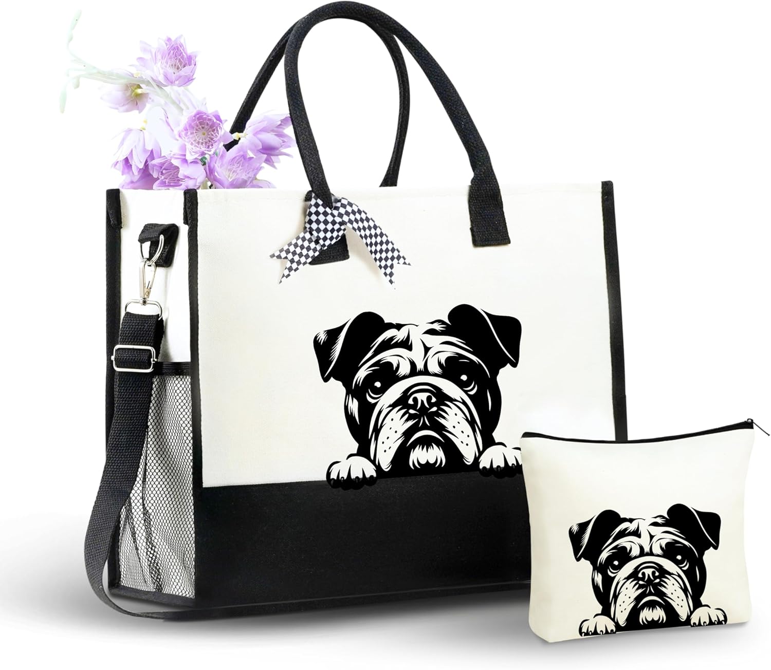InnoBeta English Bulldog Gifts, Canvas Tote Bag with Top Zipper Closure and Shoulder Strap for Birthday, Christmas and Every Special Occasion