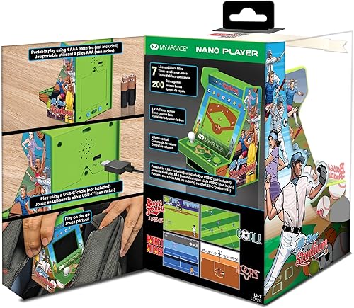 Miniatura 6 de My Arcade All Star Stadium Nano Player, mini máquina de arcade totalmente portátil con 207 juegos retro, pantalla de 2.4 pulgadas, verde, pequeña