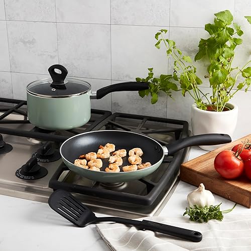 Miniatura 2 de Basic Essentials Juego de utensilios de cocina de aluminio antiadherente de 4 piezas, sartén con tapa de vidrio y espátula de nailon, salvia