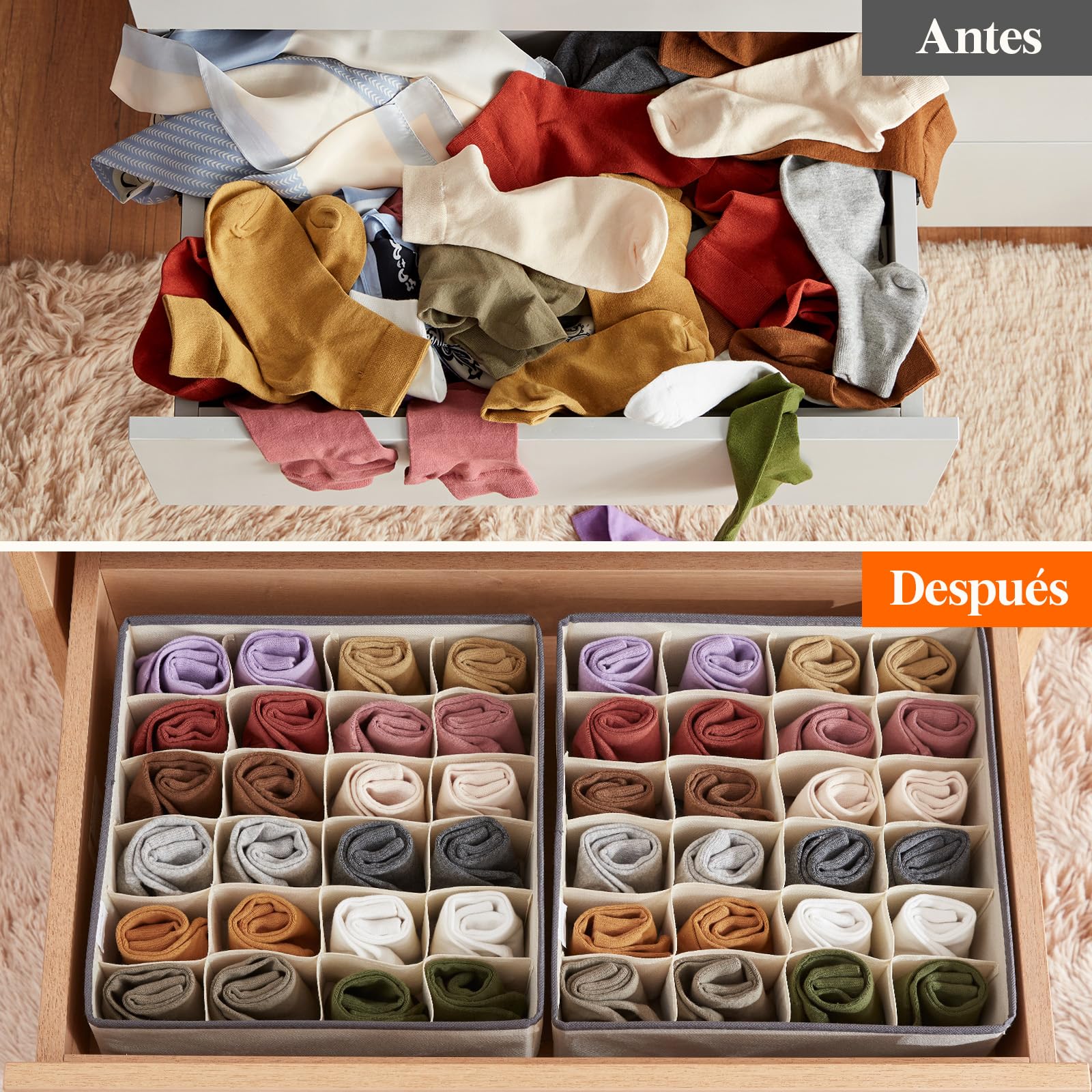 Lifewit Set de 6 Organizador de Cajones y Separador, Cajas de Almacenaje Plegables de Tela para Armario, Khaki