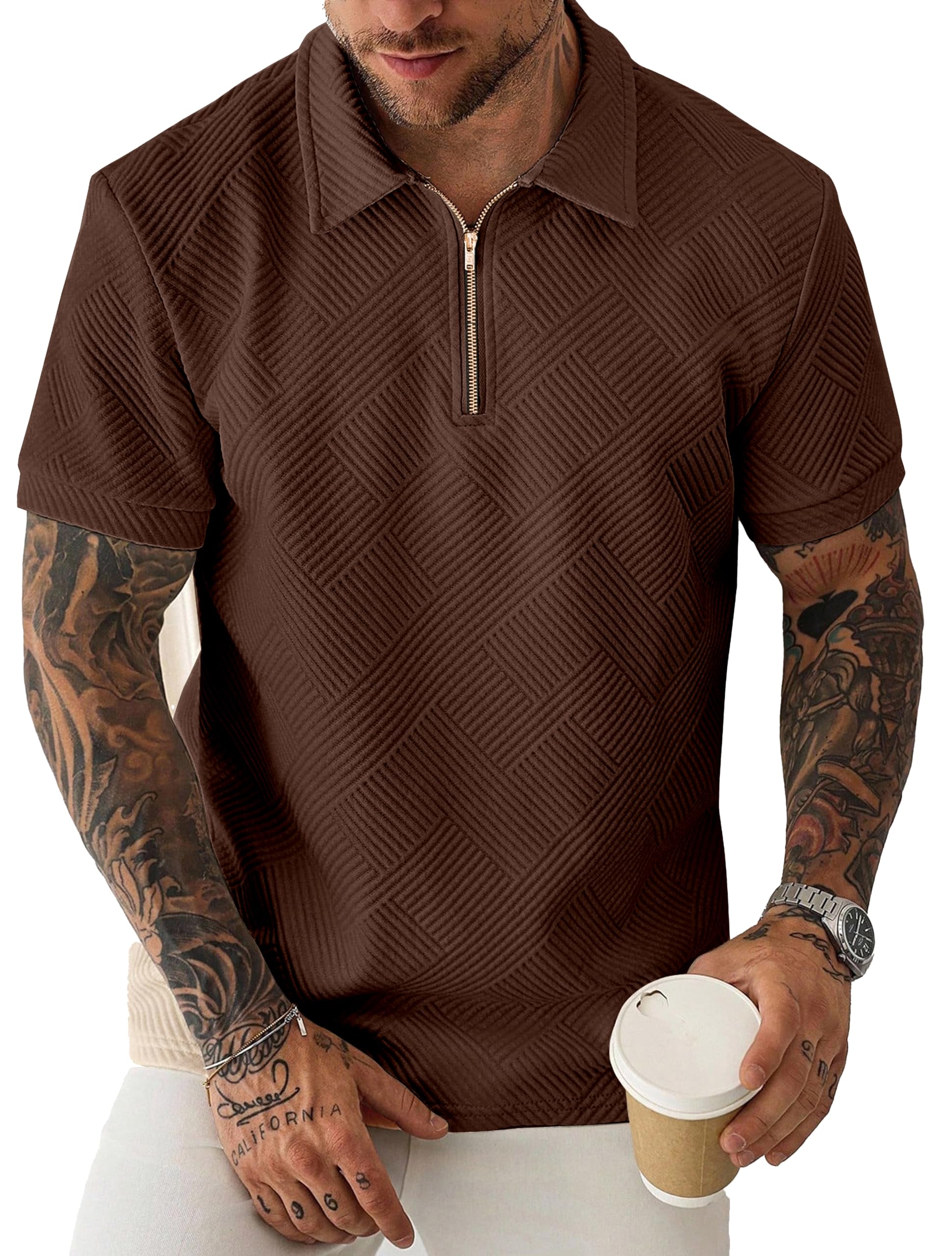 Men's Quarter-Zip Polo T-Shirt with JCard Design, Textured Pattern, Short Sleeves