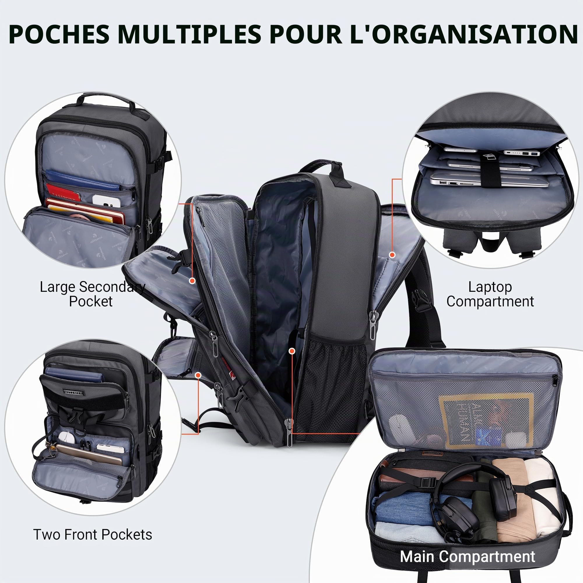 WITZMAN Sac à Dos de Voyage Homme 45L Convertible 3-en-1 PC 17 Pouces
