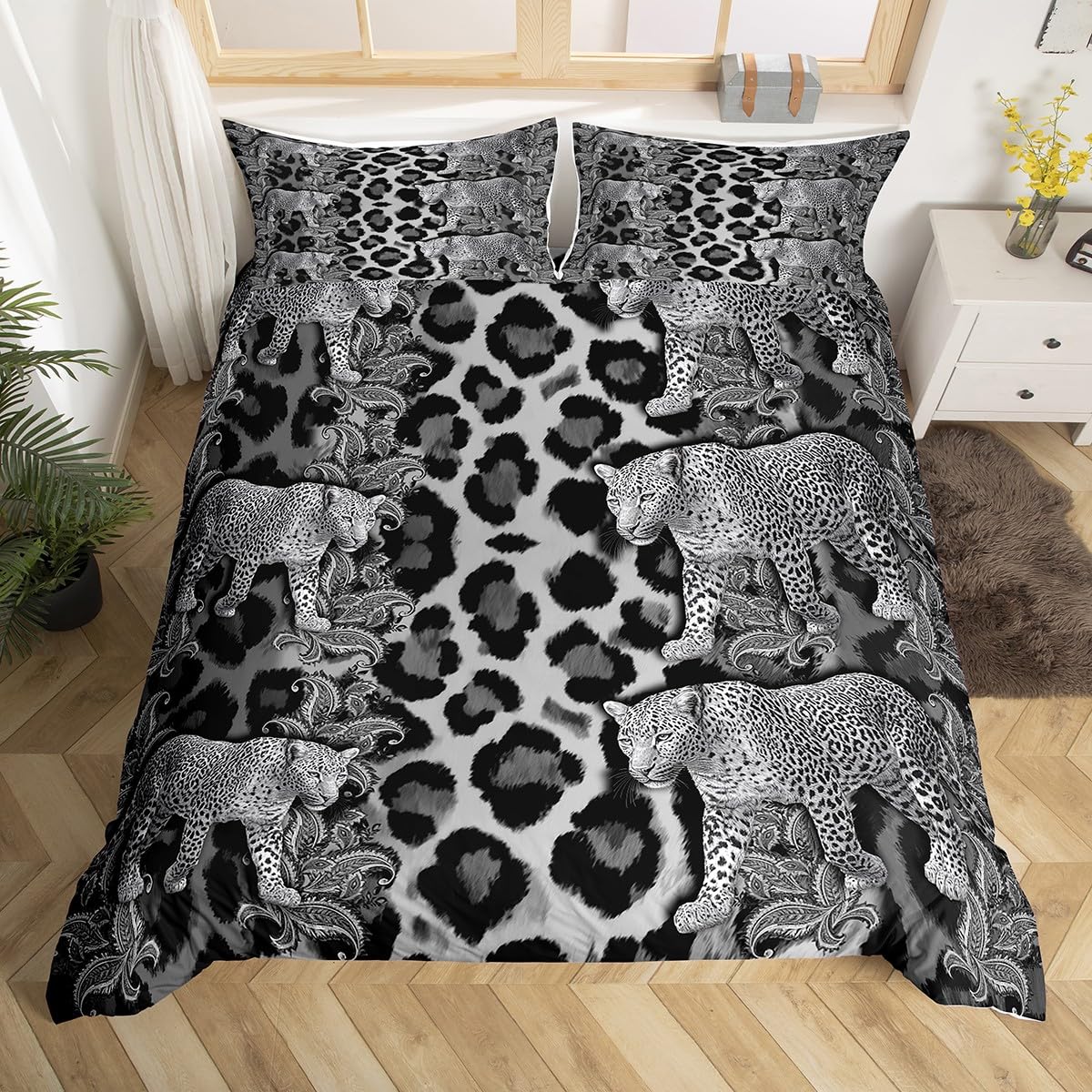 Loussiesd Cheetah Duvet Cover Junior/Cot Bed Size Leopard Comforter Cover for Boys Girls Gray Bedding Set 2Pcs Animal Print Room Decor Breathable Soft Lightweight Microfiber