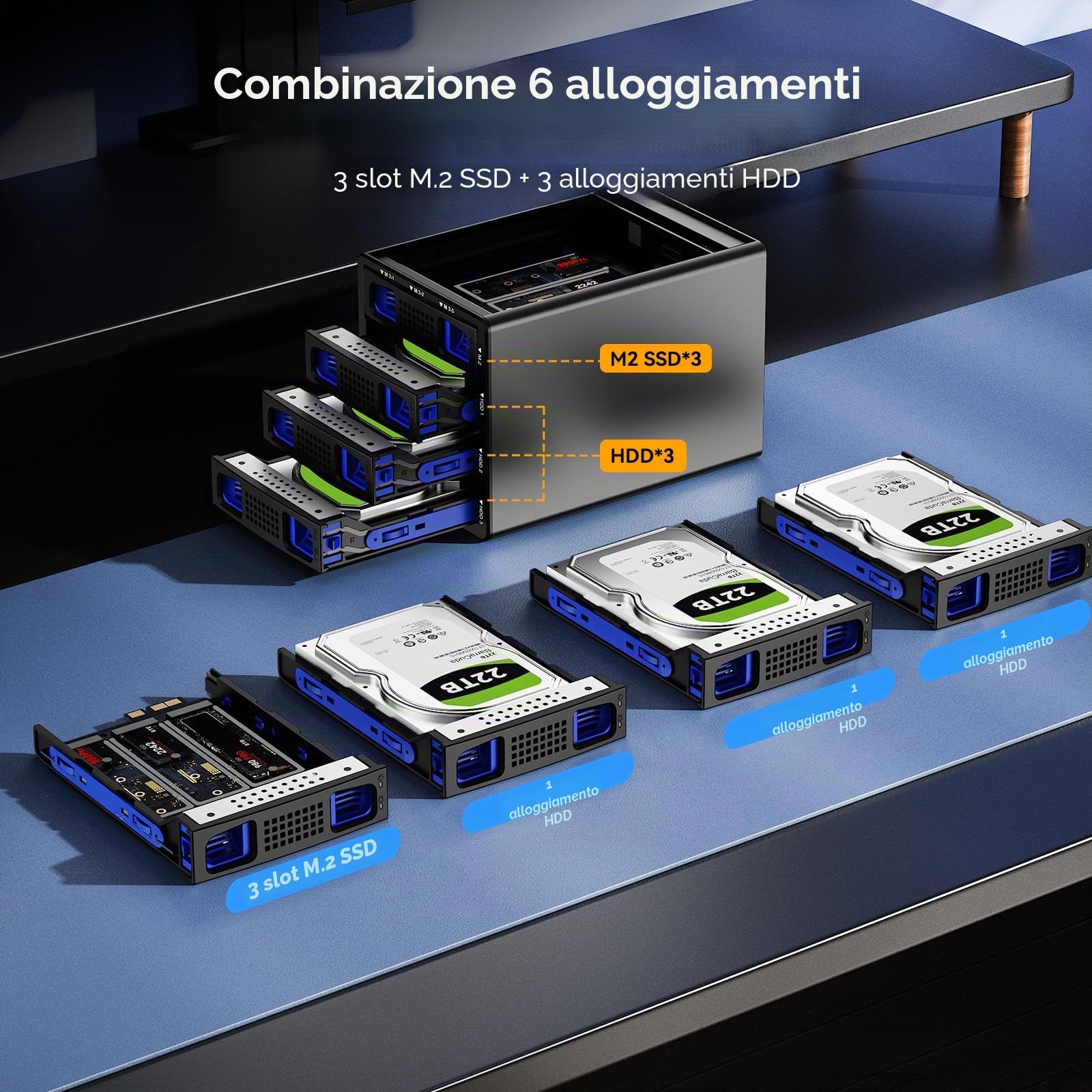CENMATE Alloggiamento per disco rigido ibrido 3*3.5 HDD+3*M.2 NVMe con ventola per 2.5/3.5" SATA HDD/SSD e M Key/B+M Key 2230/42/60/80/110 M.2 SSD, cavo USB A/C 3.2