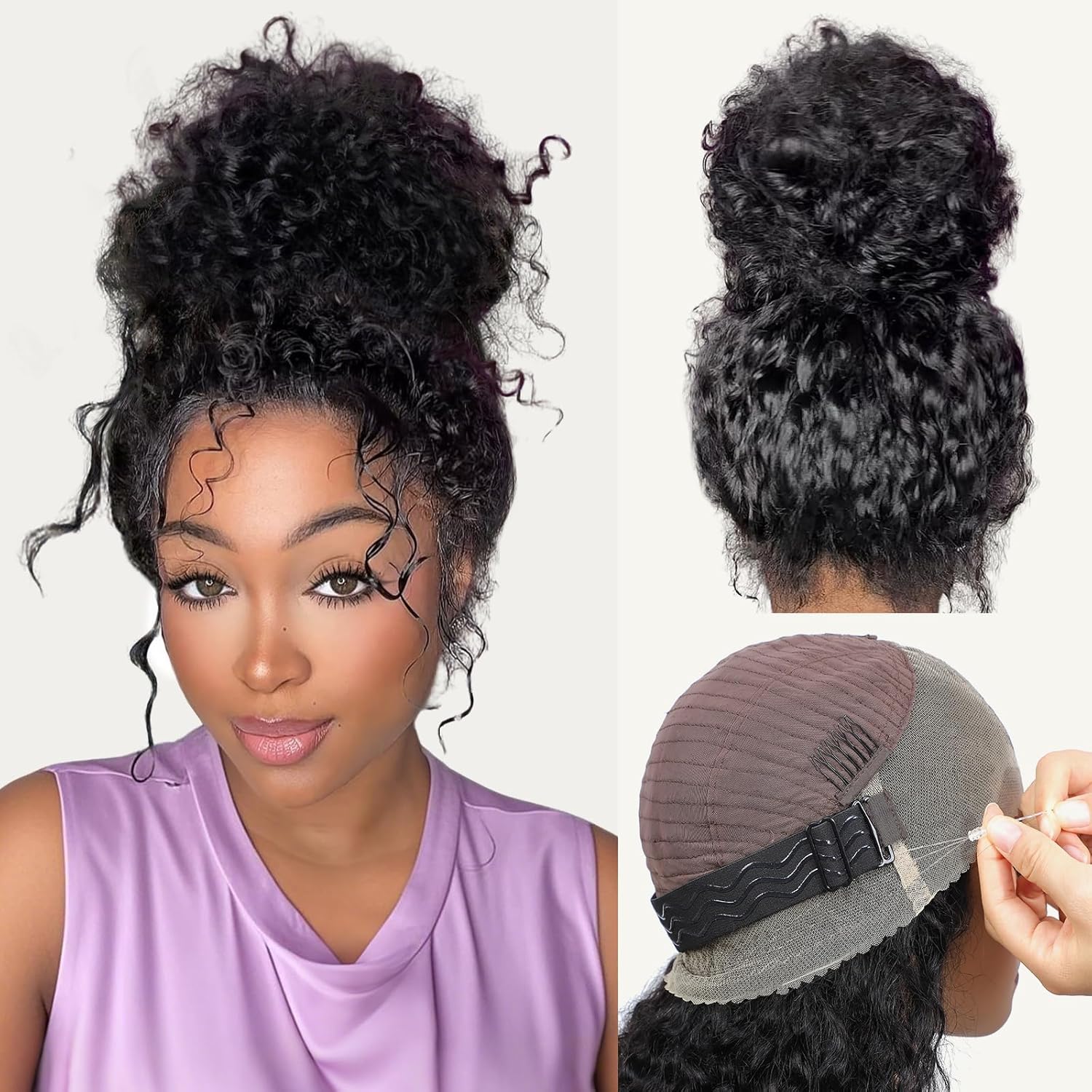 Beluck Hidden Strap Drawstring 15A 360 Lace Frontal Glueless Wigs Human Hair Pre Plucked Pre Cut Deep Wave Curly Wig 200 Density 360 HD Lace Front Wigs Human Hair 22 Inch Natural Color