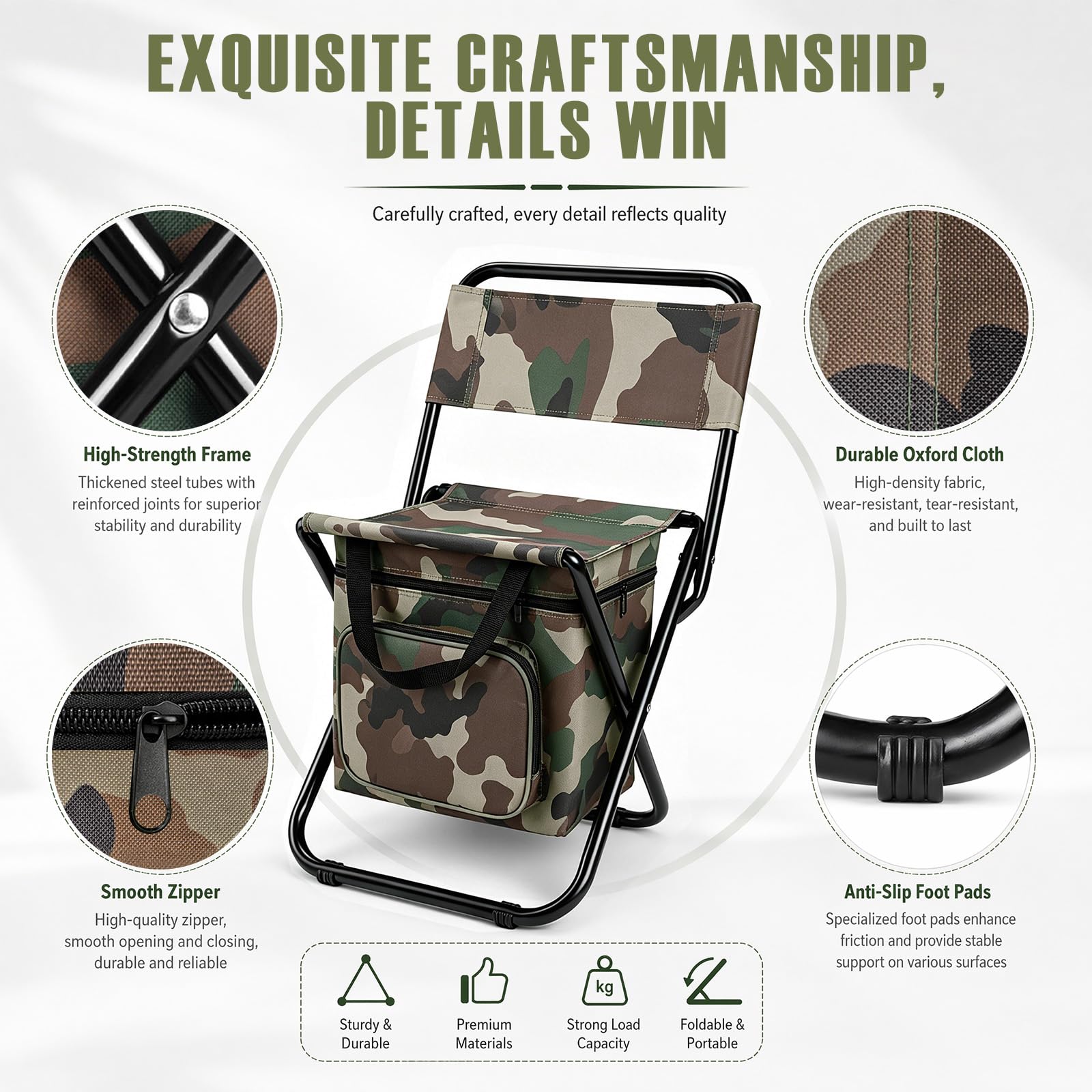 Sedia pieghevole portatile 3 in 1 per esterni, campeggio e pesca, pieghevole, con custodia e motivo mimetico, per il tempo libero e il giardino (verde mimetico)