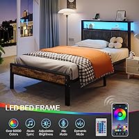 Vista 6 de Base de cama de plataforma de tamaño individual con luces LED, cabecera tapizada gris con estantes de almacenamiento de 2 niveles, estación