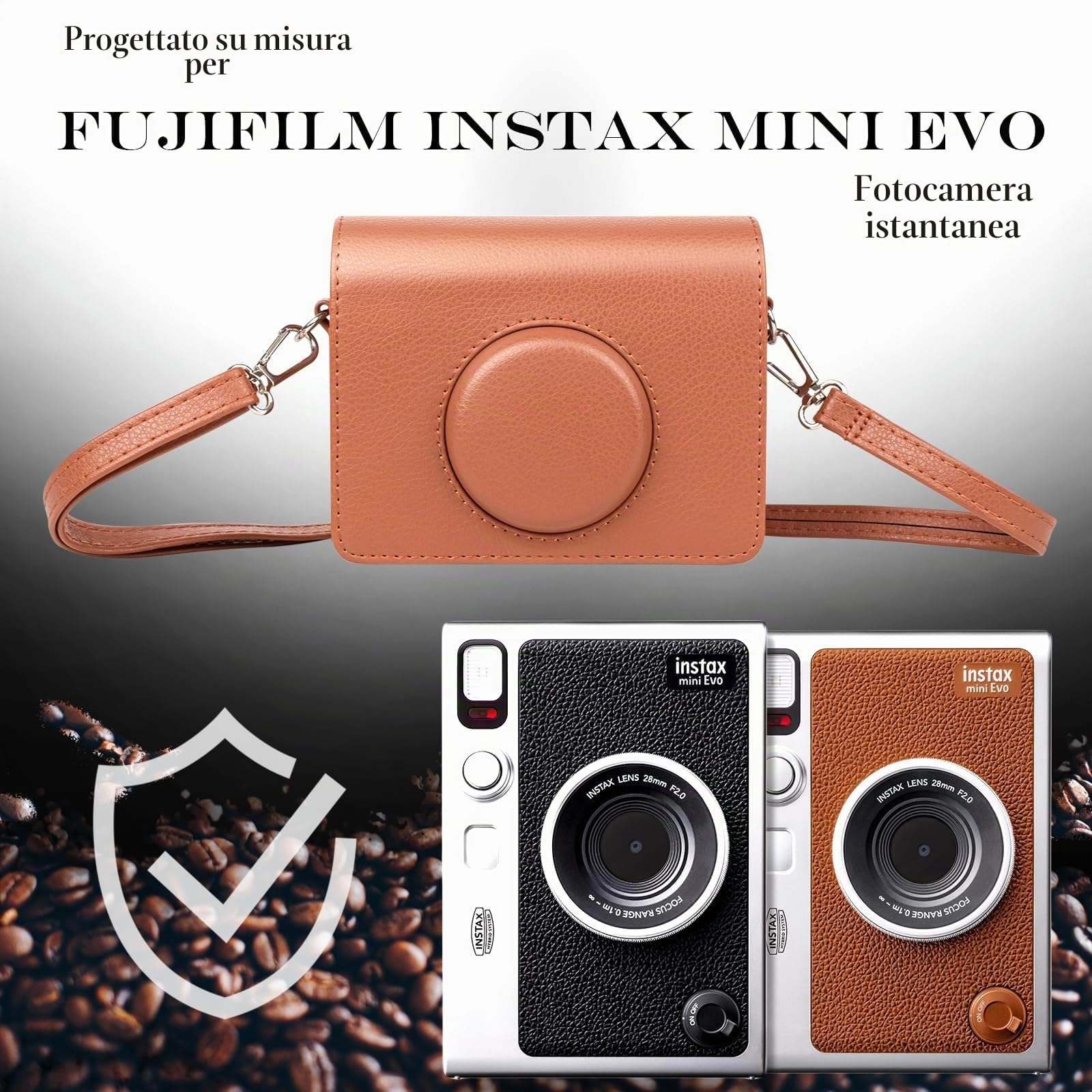 Rieibi Custodia per fotocamera Mini Evo, custodia di protezione in pelle PU vintage per fotocamera istantanea Fujifilm Fuji Instax Mini Evo con tracolla rimovibile, marrone strutturato 1, orizzontale
