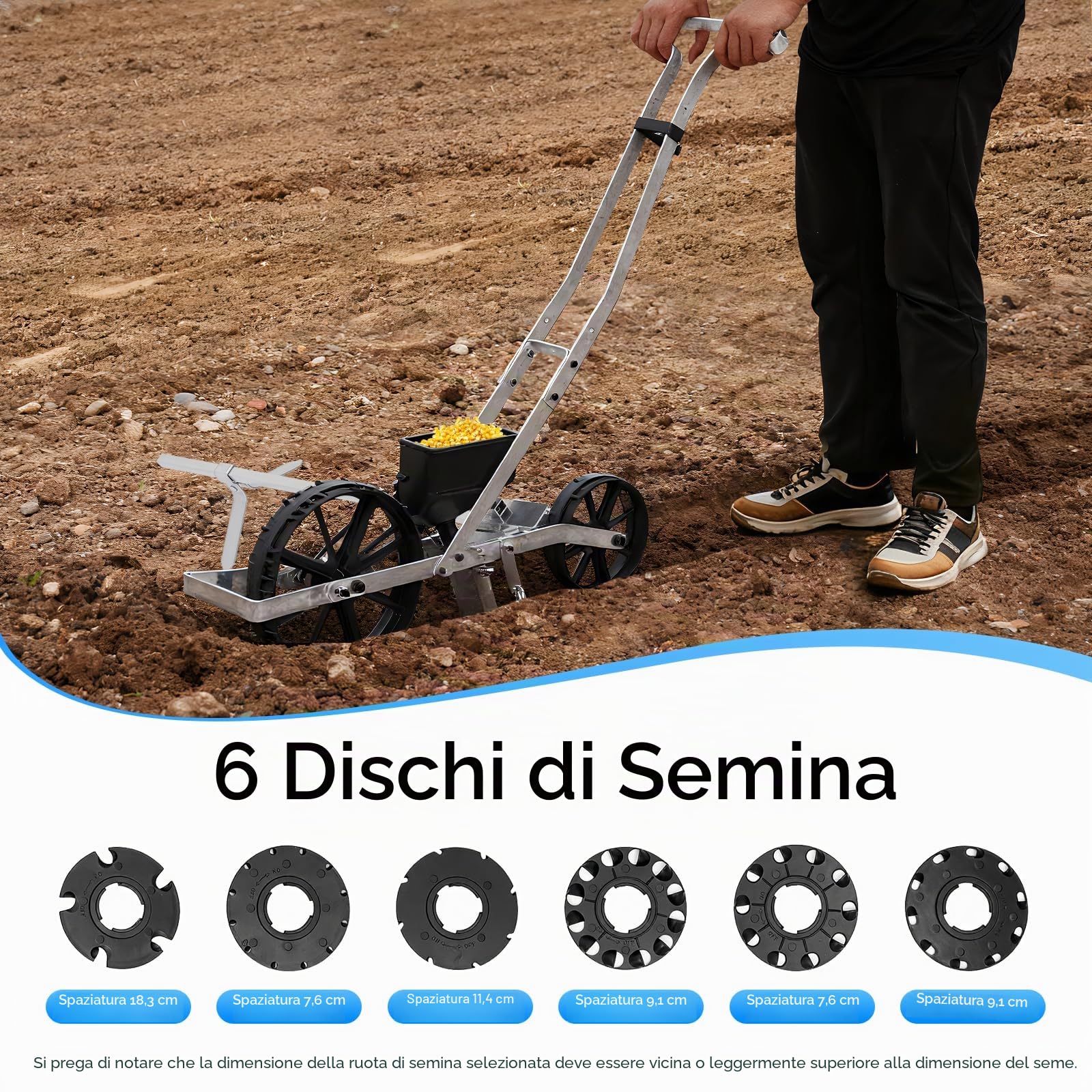 Seminatrice da Giardino Manuale Regolabile in Altezza a Fila Singola, Seminatore per Semi come Mais, Porro, Spinaci, Carote