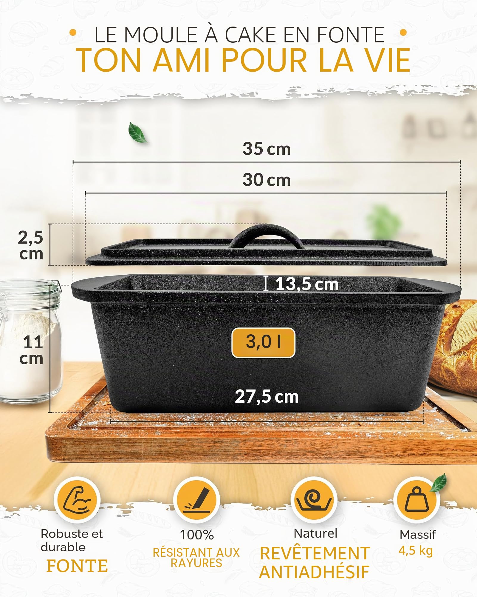 KRUSTENZAUBER Moul en fonte avec couvercle – Moule rectangulaire robuste de 28 cm – Idéal comme pain et casserole en fonte, accessoires de cuisson