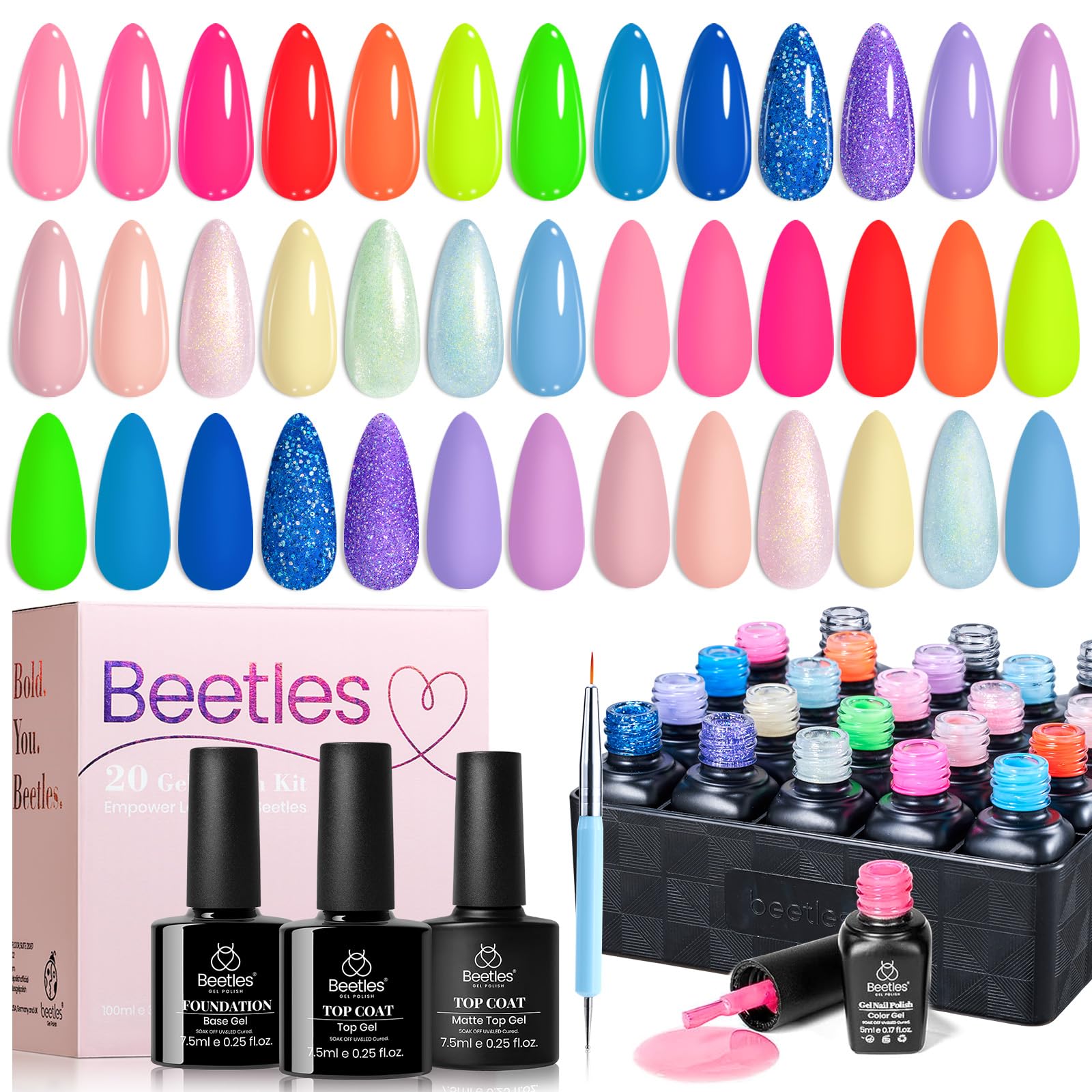 Beetles 20 Pcs Gel Nail Polish Kit Valentine's Day Collection Nude Pink Red Nail Gel Set Pastel Neon Blue Gel Polish Girlfriend Gift Kit with Glossy & Matte Top and Base Coat Christmas 2021 Nails