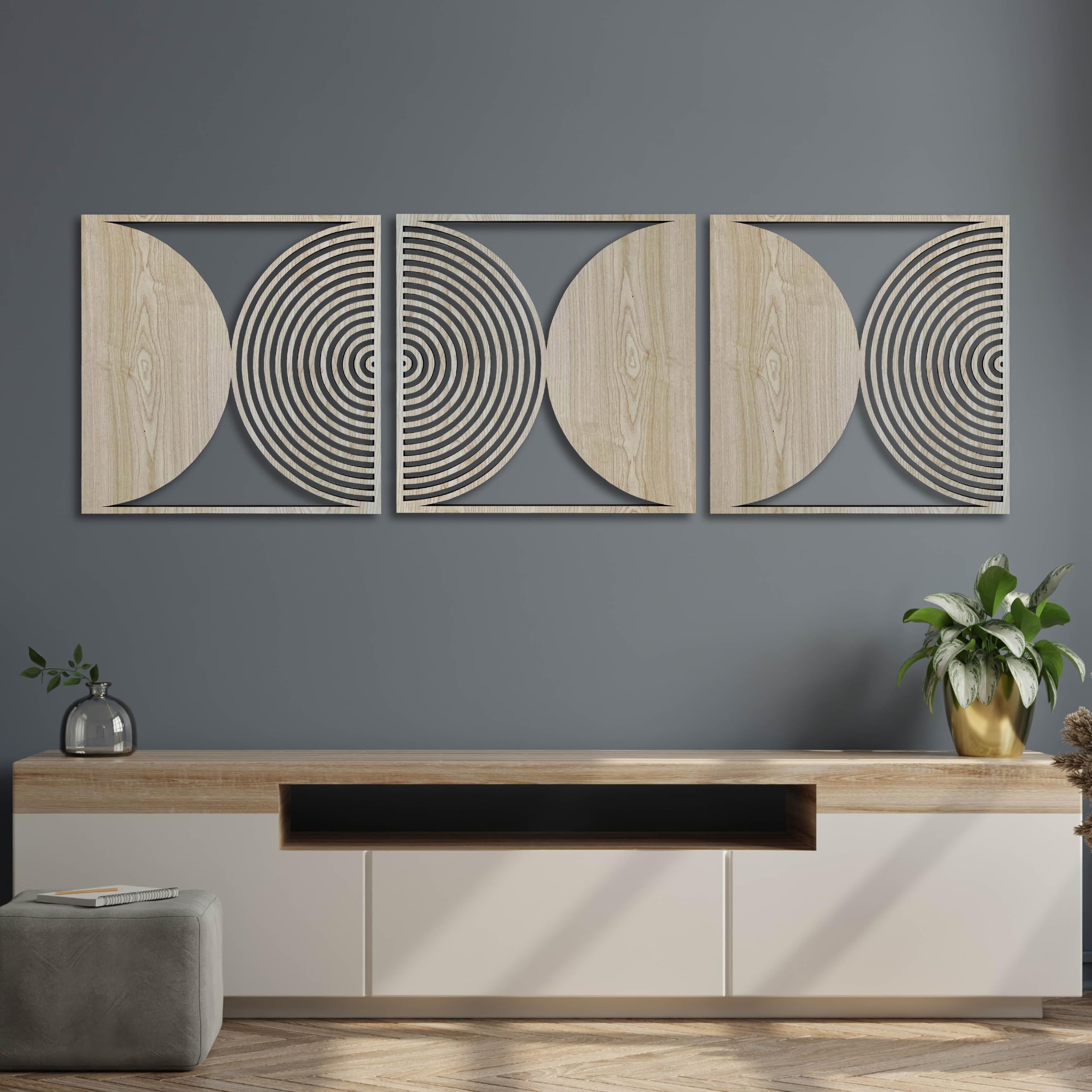 Geometrische Holz-Wandkunst, groß, moderne Wanddekoration, runde Paneele für Schlafzimmer oder Wohnzimmer, rustikaler Boho-Holz-Wandakzent #59