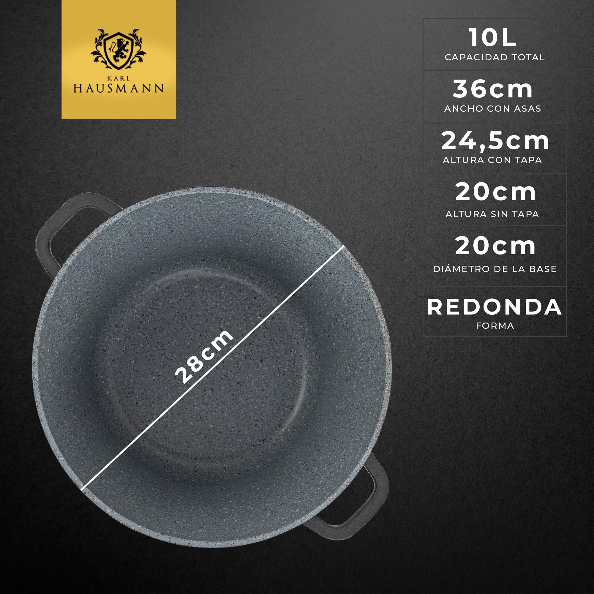 KARL HAUSMANN Olla Antiadherente 28 cm 10 L, Inducción, Negro
