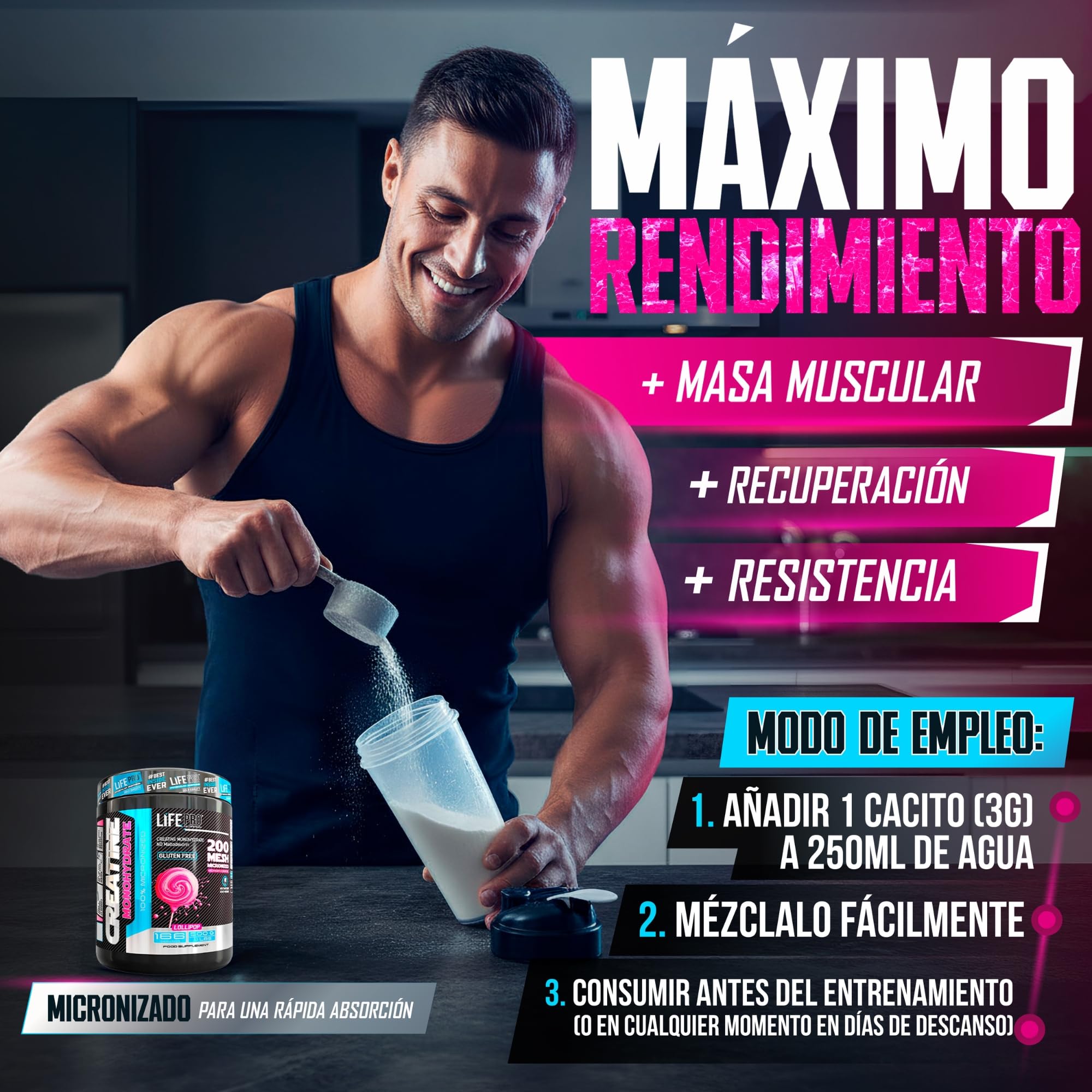 Life Pro Creatina Monohidratada 200 Mesh Micronizada, Creatina Polvo con 99.9% Pureza, Aumenta Resistencia y Fuerza, Absorción Rápida, Entrenamiento y Rendimiento Deportivo (500g, Lollipop)