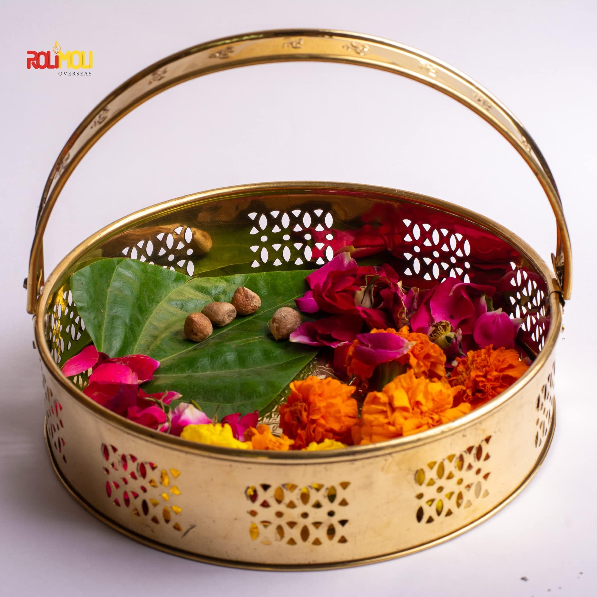 ROLIMOLI New Center Laxmi Design Brass Basket Circle Shaped for Pooja ghar 21 cm Diameter (Gold) 4