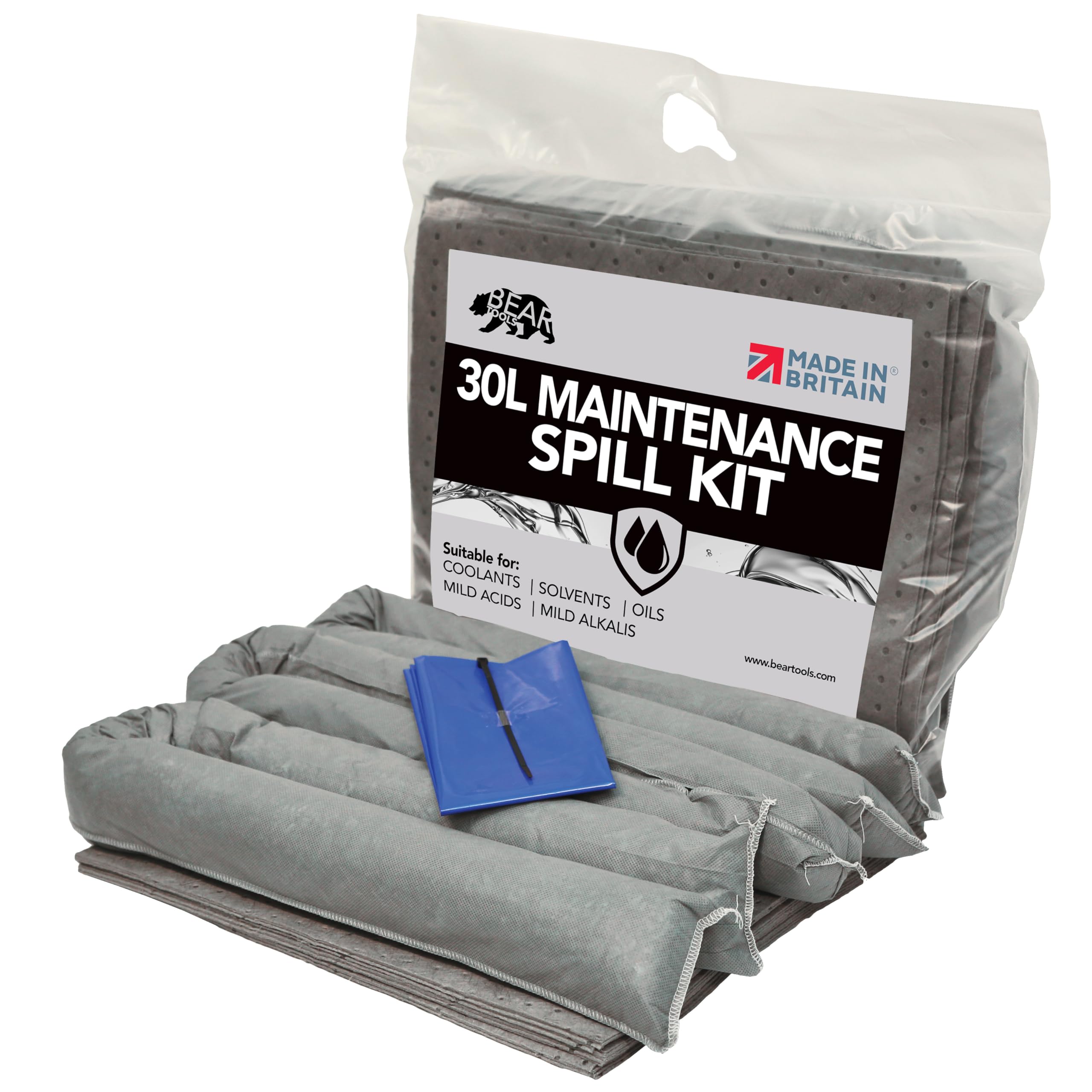 Kits de derrames de 30 l (30 L mantenimiento) fabricado en el Reino Unido gris absorbe aceite no agresivo y fluidos a base de agua para uso en interiores y exteriores diseño de kit superior de clip.