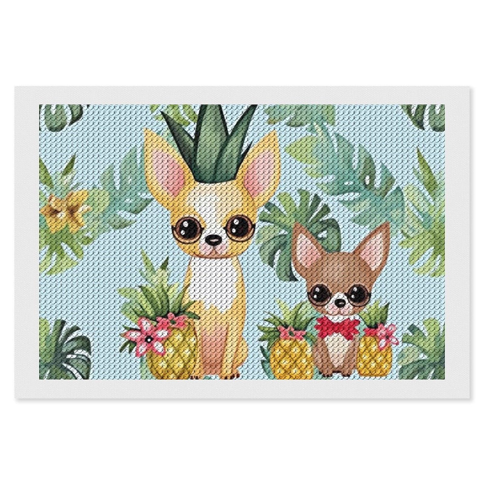 Chihuahua Dog Pineapple Diamond Art Kits for Adults, DIY 5D Diamonds Painting Kits for Beginner, Round Full Drill Diamond Dots Painting, 8"x12" Diamonds Pictures Gem Art and Crafts Wall Decor