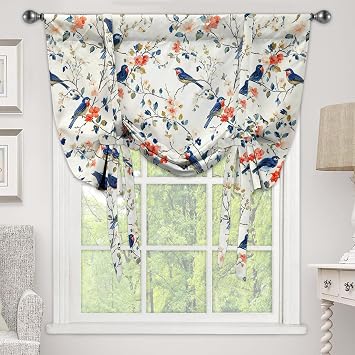 Blue Windows Curtain Birds and Leaf Print Lined Flower Tie Up Curtain Thermal Insulated Blackout Window Adjustable Balloon Curtain for Kitchen Living Room Bedroom, W34 x L45 Inches, 1 Panel