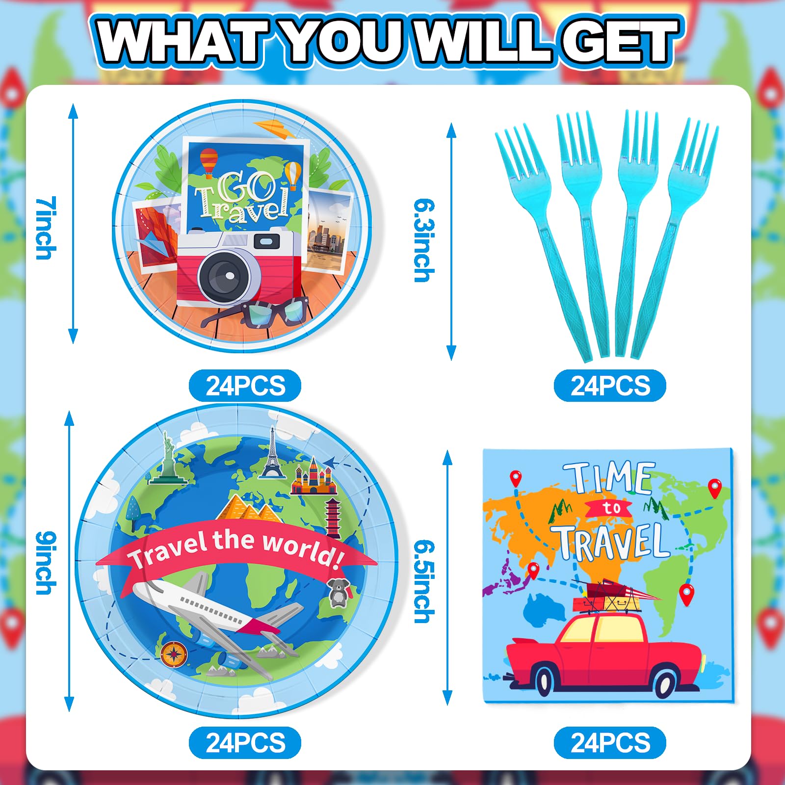 SCIONE 96 Pcs Travel Party Plates and Napkin, Travel Theme Birthday Party Decorations, Travel the World Tableware Set for Graduation Travel Party Supplies, Serves 24 Guests