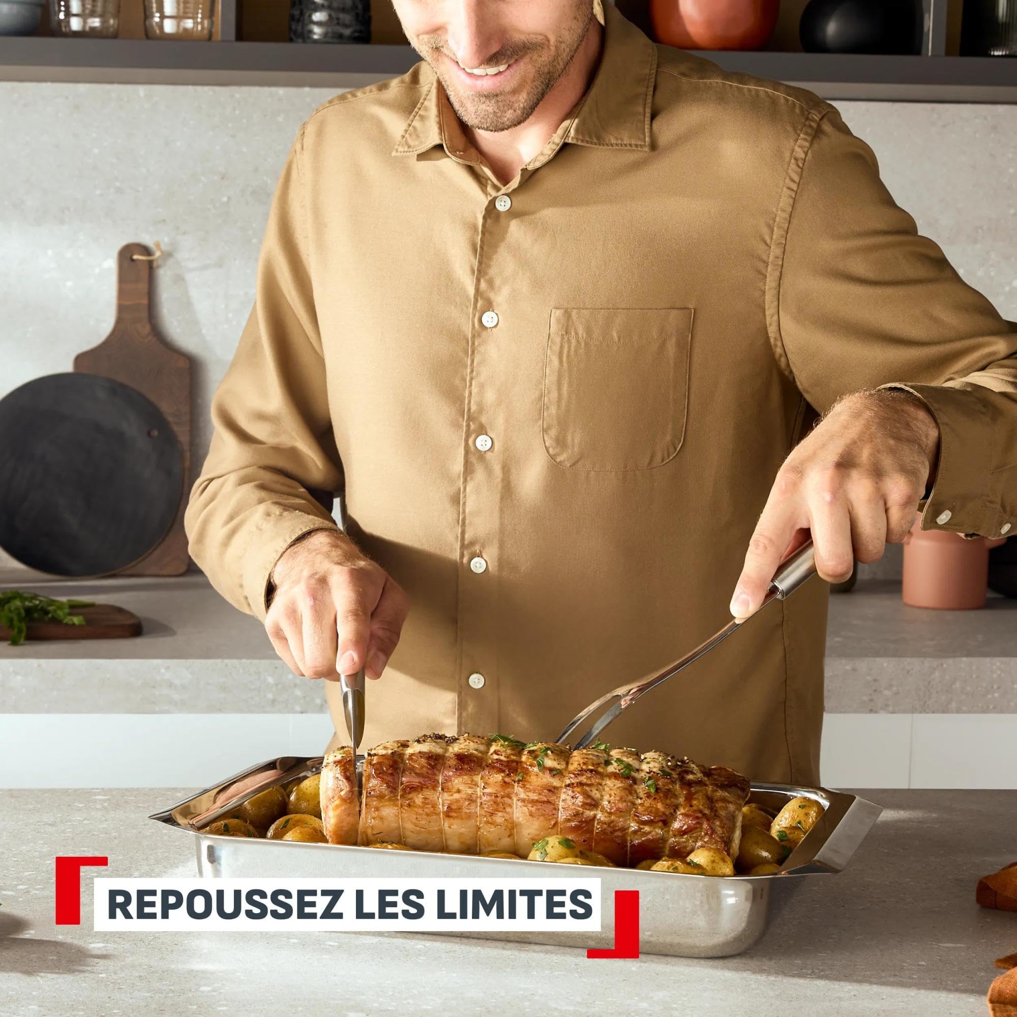 Tefal Excellence Ceramic, Lot de 3 plats à four, Plats petit/moyen en alu et céramique antiadhésifs et grand plat en inox, Garantie 10 ans, J180S304