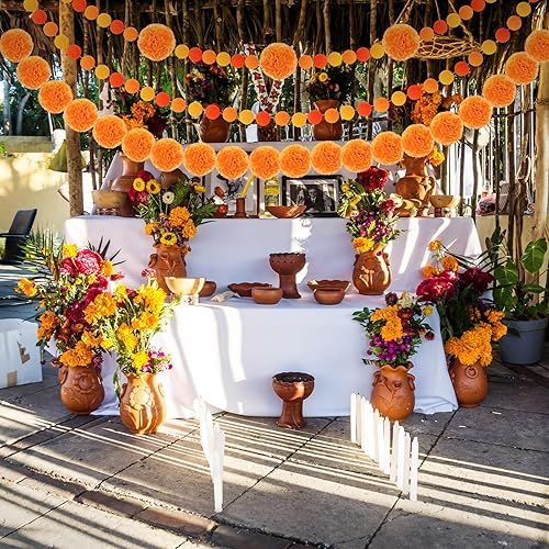 Miniatura 6 de Lyrow 5 Pcs Day of The Dead Felt Ball Garland Marigold Flower Pompom Ball Banner Halloween Garland Dia De Los Muertos Garlands for Diwali Day of The