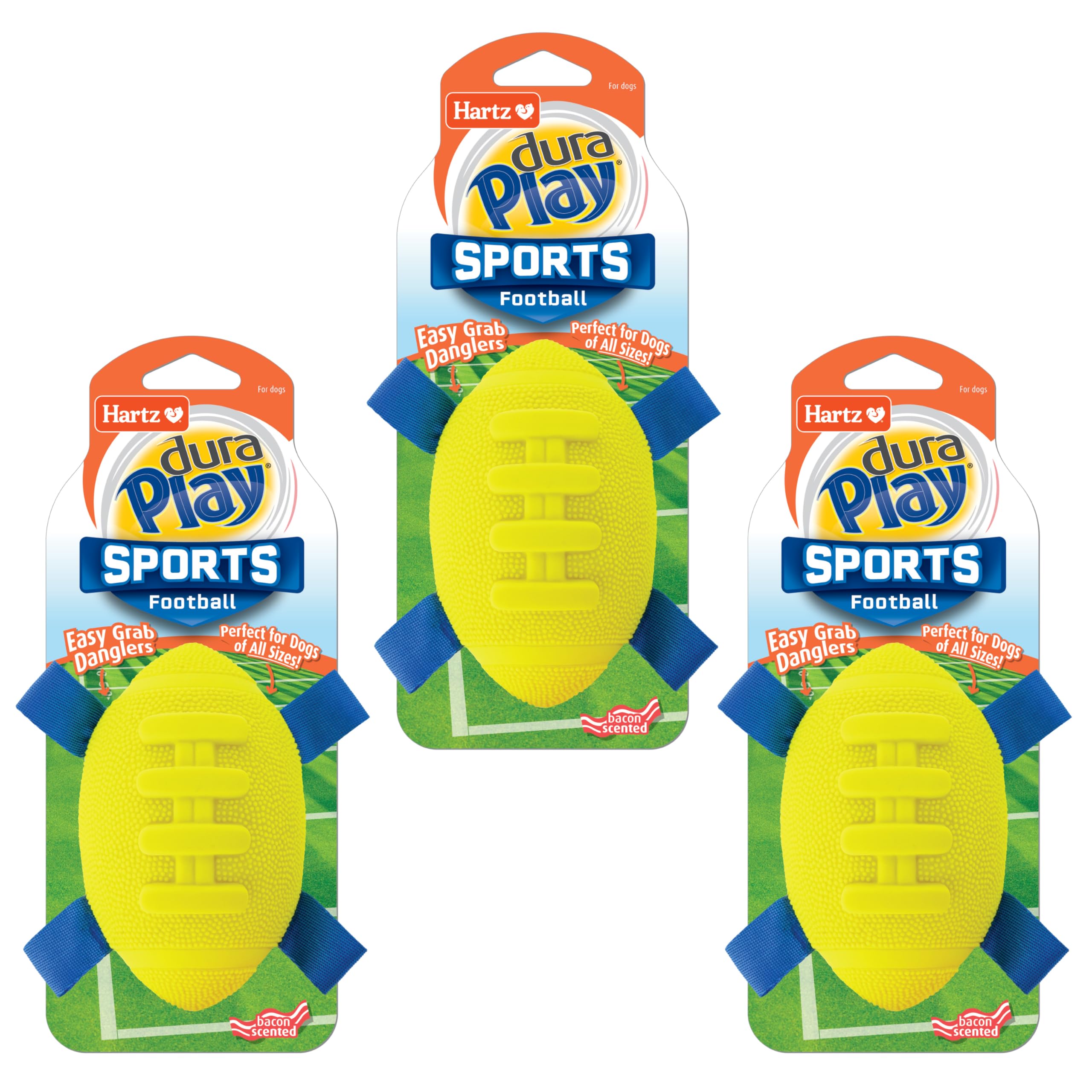 New Hartz Dura Play Sports Football Dog Toy Bacon Scented Squeaky Latex Yellow Blue Toy 3 Count