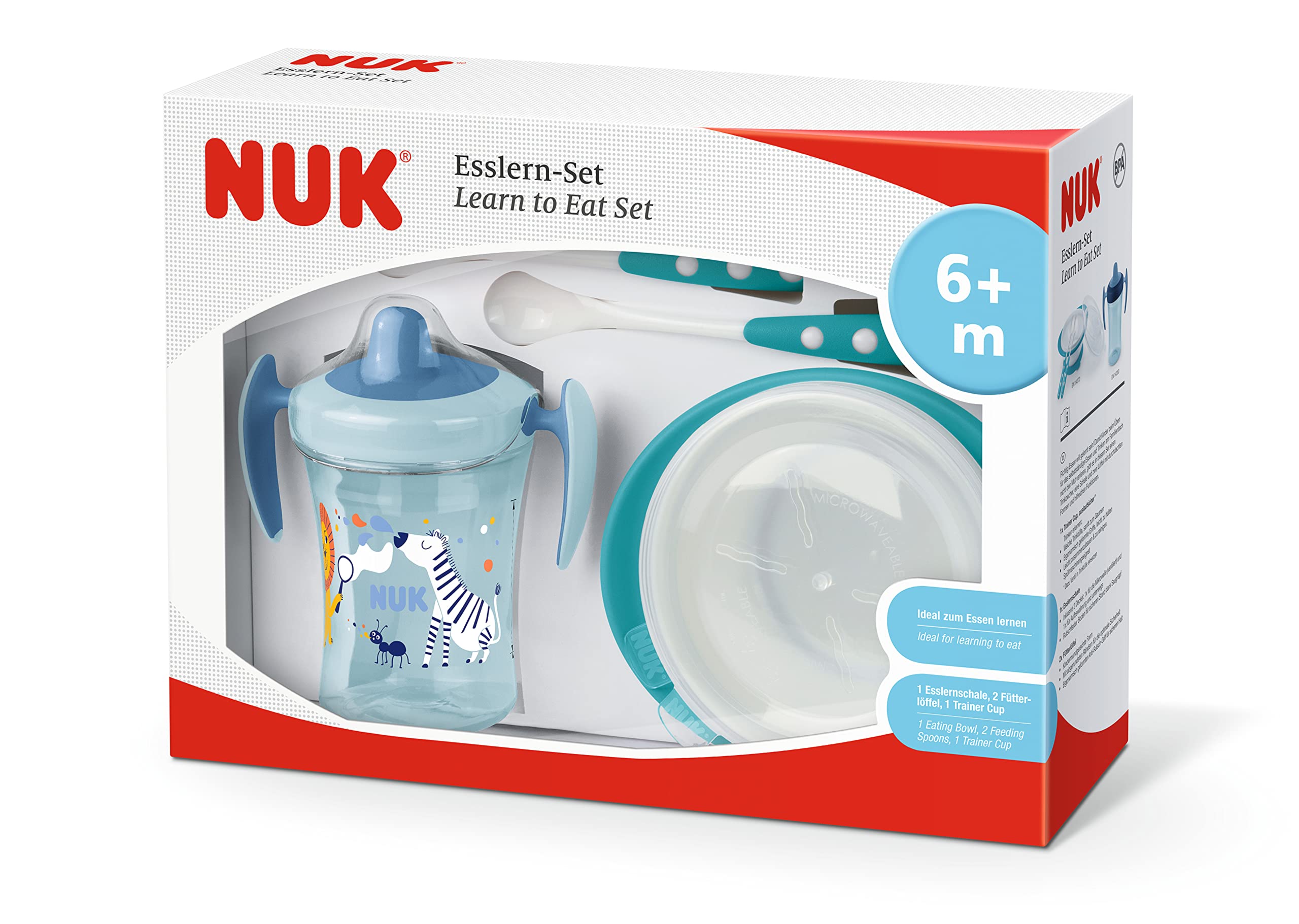NUK Set d'apprentissage | Tasse d'apprentissage Trainer Cup (230 ml) | Bol d'apprentissage et cuillère | À partir de 6 mois | Sans BPA | Bleu | 4 pièces