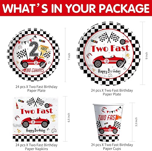 Vista 2 de Dos decoraciones rápidas de cumpleaños, suministros de fiesta de auto de carreras rojo, dos platos de papel curiosos, taza, servilleta, mantel