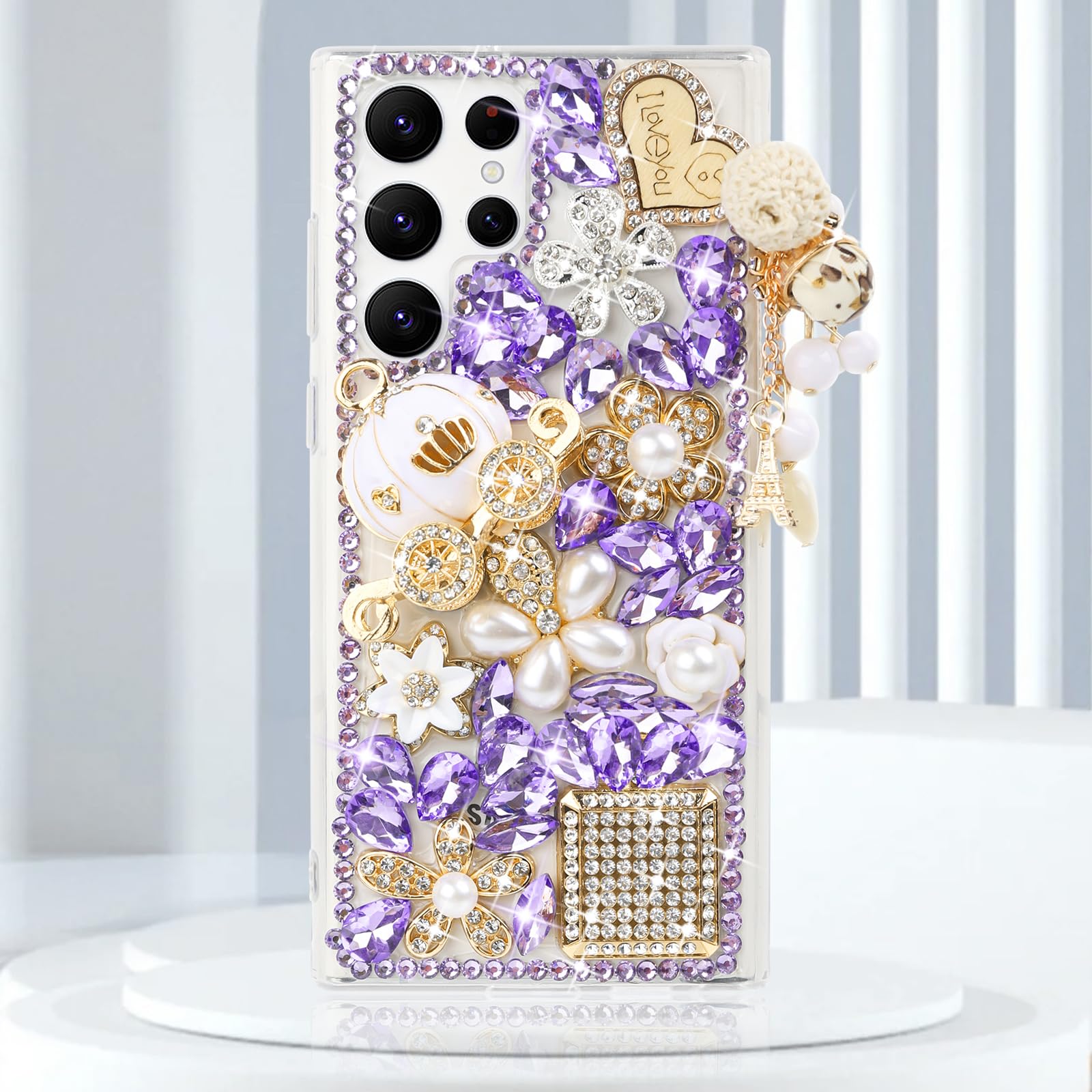 Guppy for Galaxy S23 Ultra Bling Case, 3D Bling Shiny Rhinestone Diamond Crystal Pearl Handmade Pendant Iron Tower Pumpkin Car Flowers Soft Protective