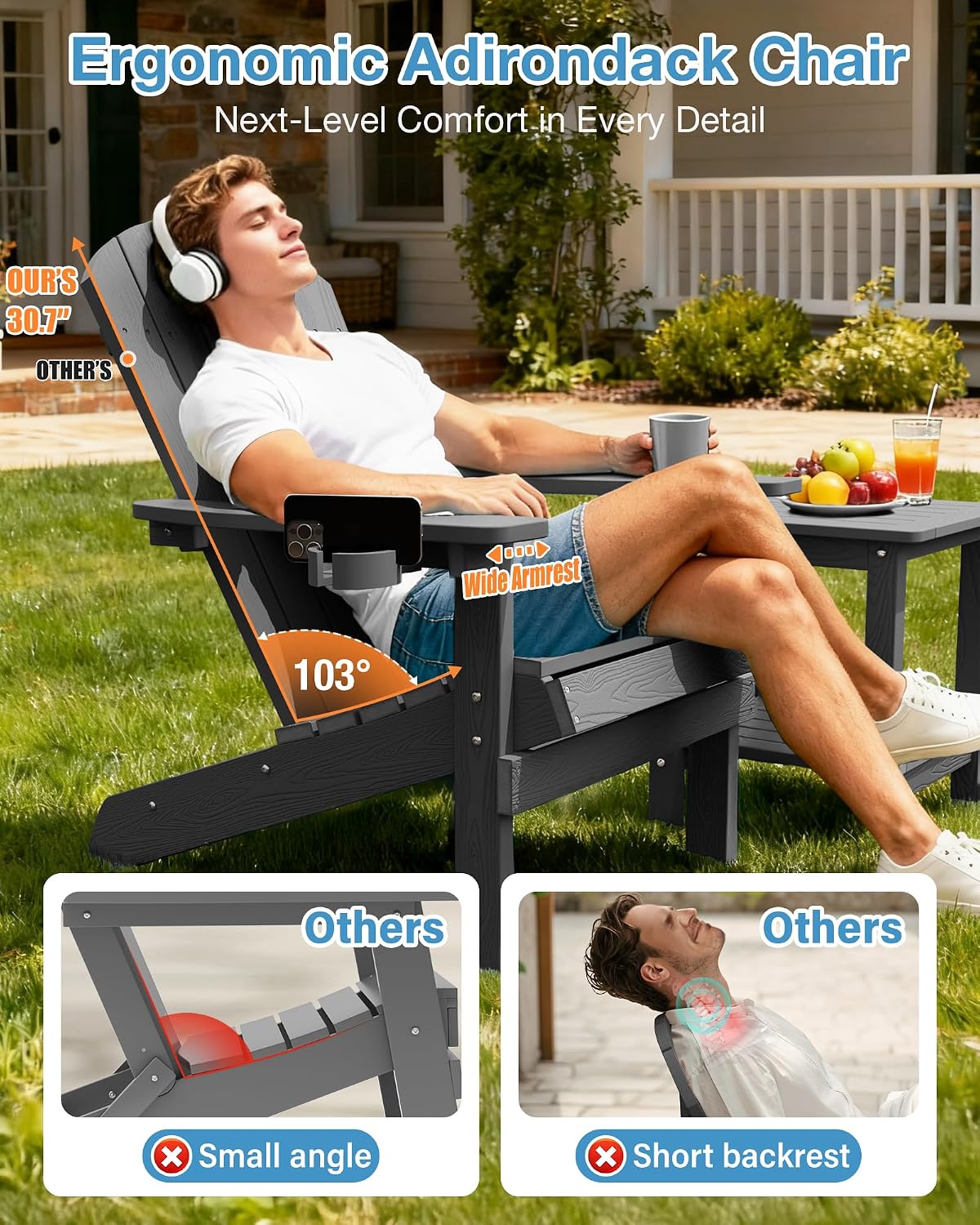 YEFU Adirondack Chairs Set of 4 for Outdoor: Zero Gravity Fire Pit Chairs Plastic with Cup Holders - Sturdy All-Weather HIPS with Wood Texture for Patio Backyard Lawn - Easy Assembly(Dark Grey)