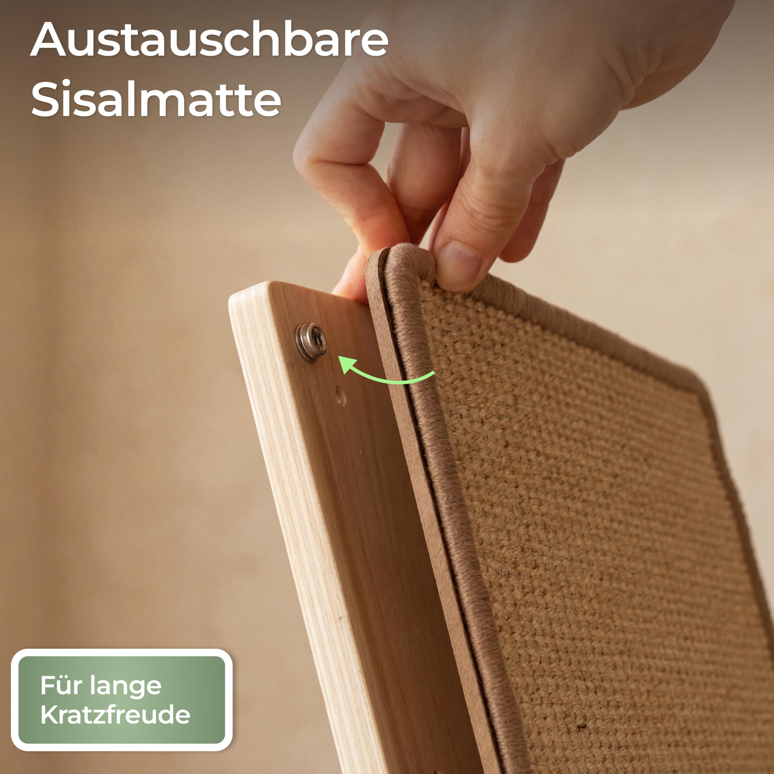WOOWOOD Rascador para gatos de sisal, 68 cm, madera maciza, suelo o pared | Esterilla resistente para rascar, madera maciza, alternativa, para viviendas de alquiler, cuidado natural de las garras