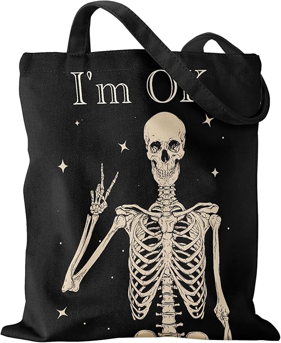 Aesthetic Canvas Tote Bag with Pattern for Women, Stylish Funny Goth Skeleton Spooky Skull Inspired Design, Casual Cloth Cotton Totes Bag for Vacation, Shopping, Grocery, Gym