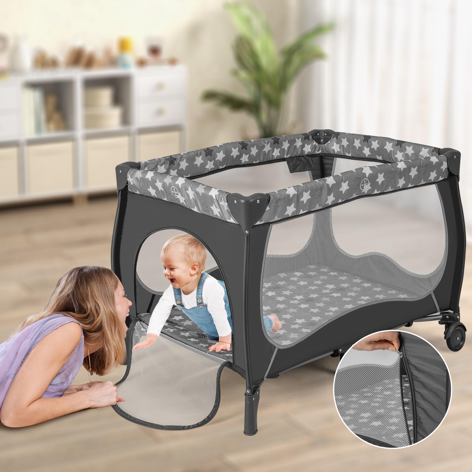 LIFEZEAL Lit Parapluie Bébé avec Matelas et Table à Langer, Cododo Bébé Evolutif avec Jouets et Moustiquaire, Lit Pliant avec Sac de Transport, Charge de 15 KG, 0-36 Mois (Girs)