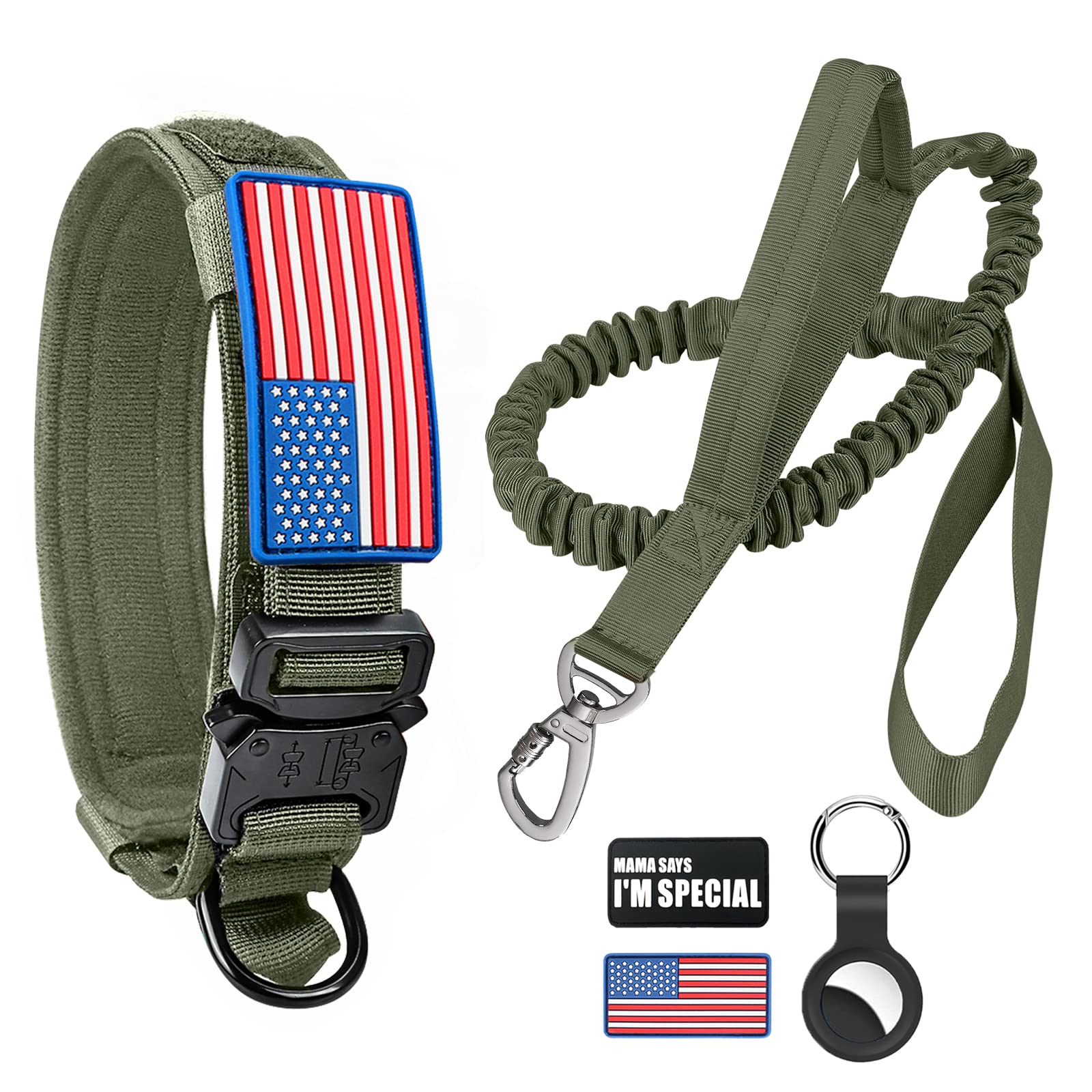 Tactical Dog Collar and Bungee Leash, Camo Military Dog Collar & Leash Set with USA American Flag Adjustable K9 Collar with Heavy Duty Metal Buckle &