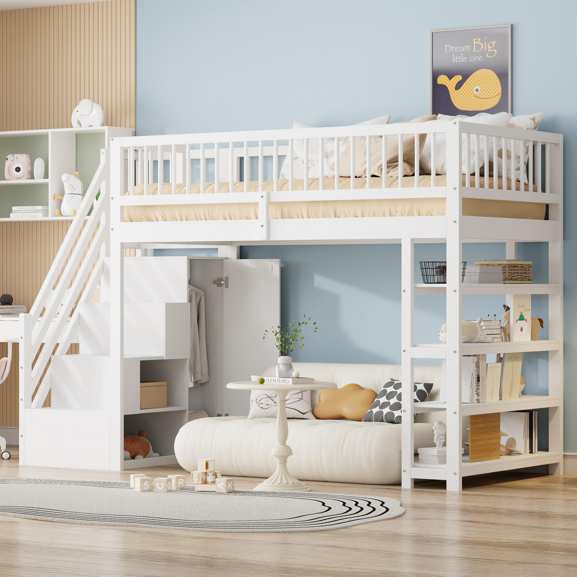 Hochbett 90x200 mit Kleiderschrank, Kinderbett Hochbett mit Treppe und Stauraum, Stockbett, Kinderhochbett, Ohne Matratze, Weiß